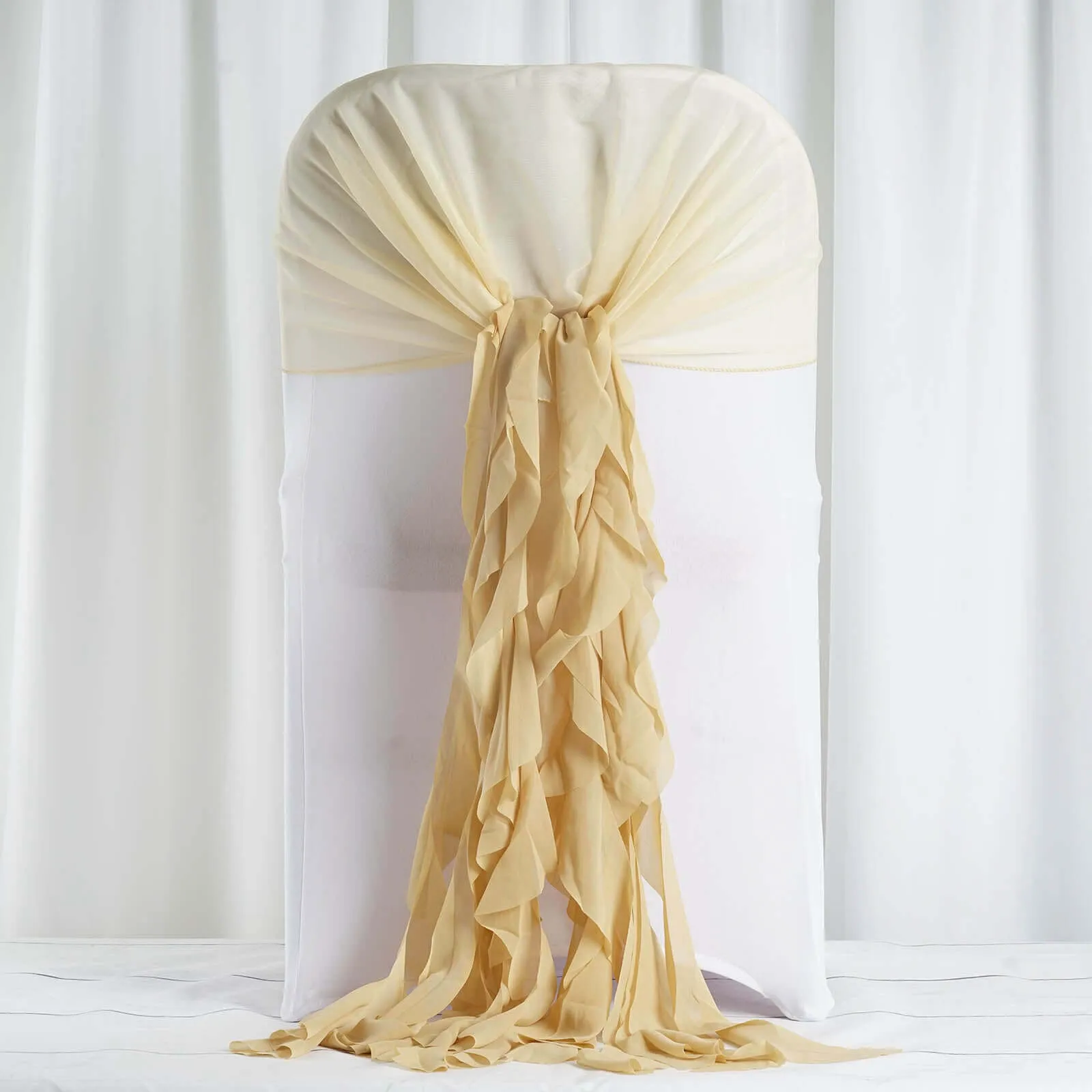 1 Set Champagne Chiffon Hoods With Ruffles Willow Chair Sashes