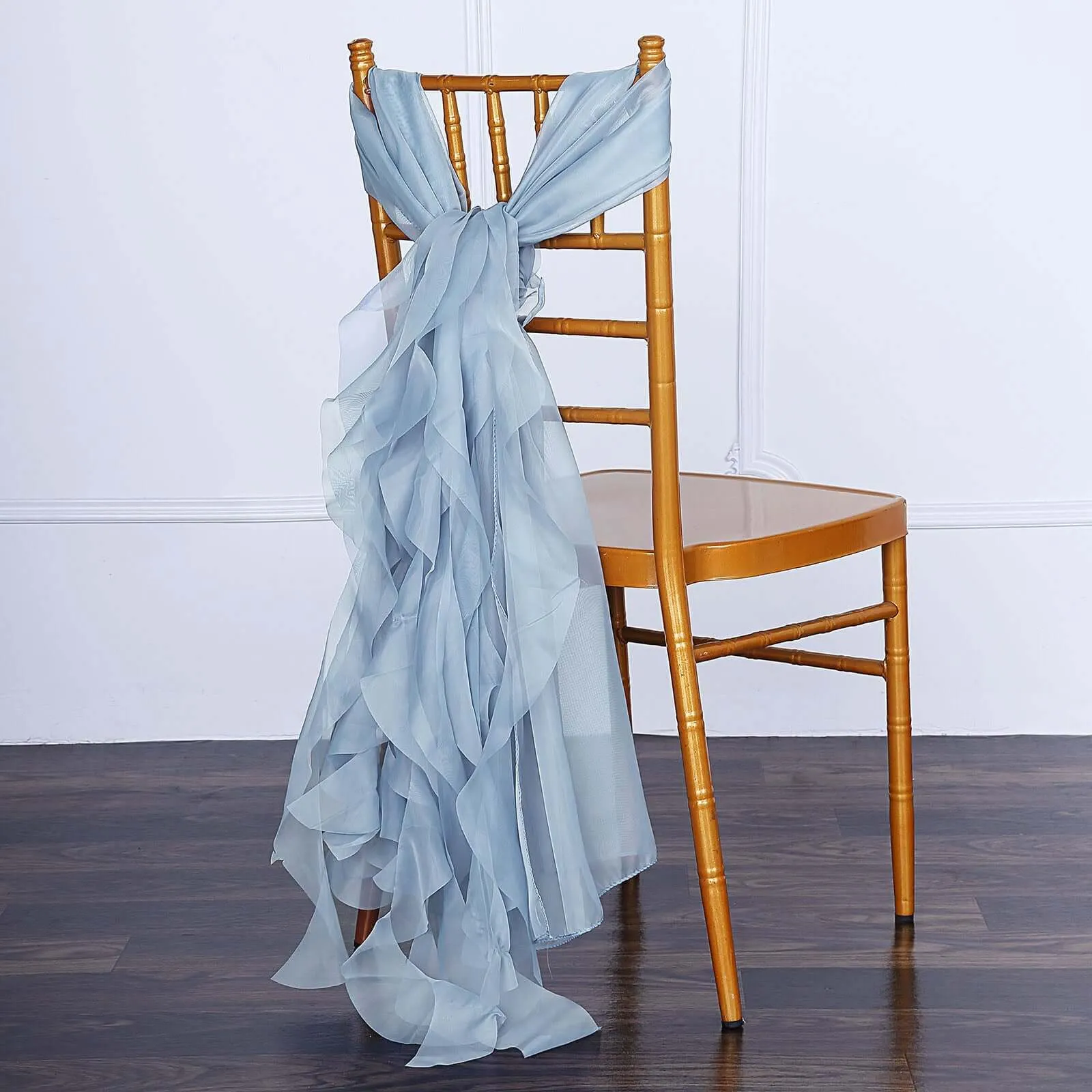 1 Set Dusty Blue Chiffon Hoods With Ruffles Willow Chair Sashes