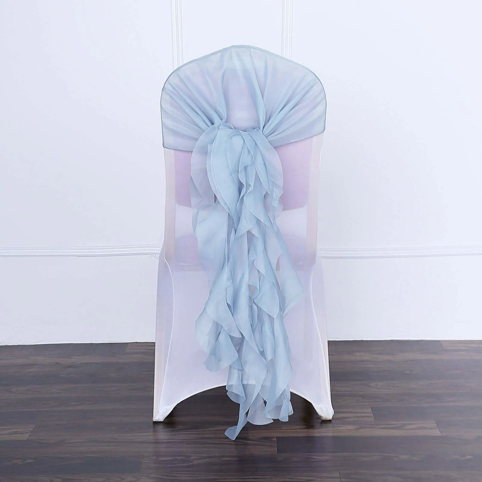 1 Set Dusty Blue Chiffon Hoods With Ruffles Willow Chair Sashes