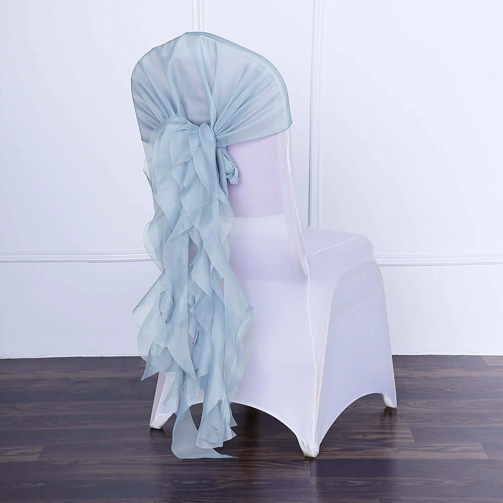 1 Set Dusty Blue Chiffon Hoods With Ruffles Willow Chair Sashes