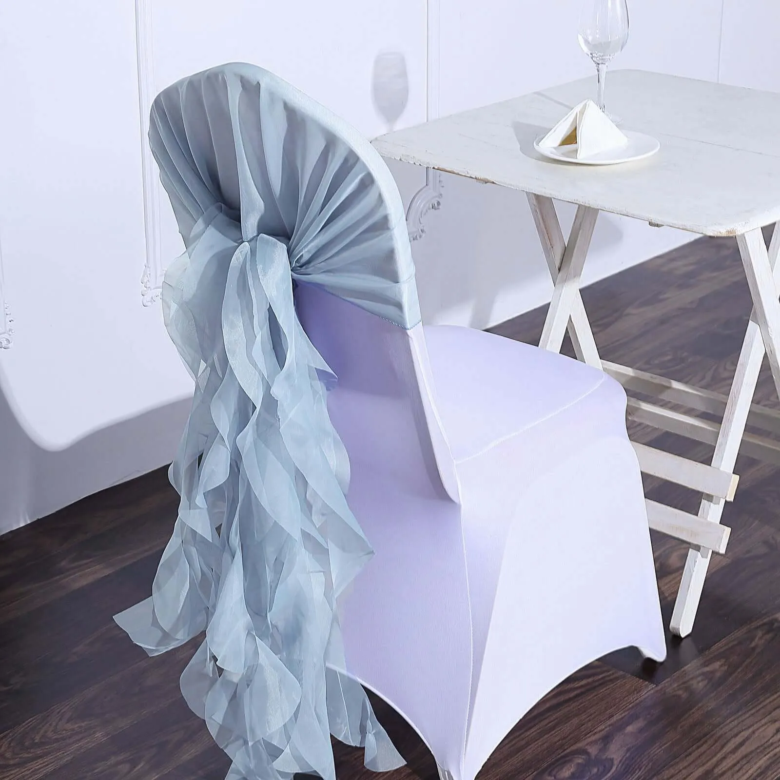 1 Set Dusty Blue Chiffon Hoods With Ruffles Willow Chair Sashes