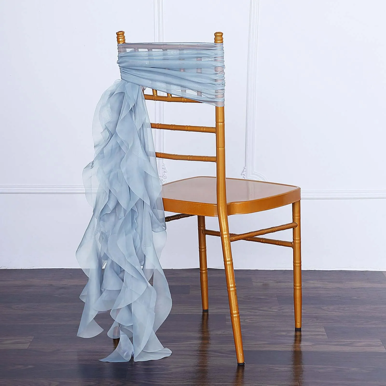 1 Set Dusty Blue Chiffon Hoods With Ruffles Willow Chair Sashes