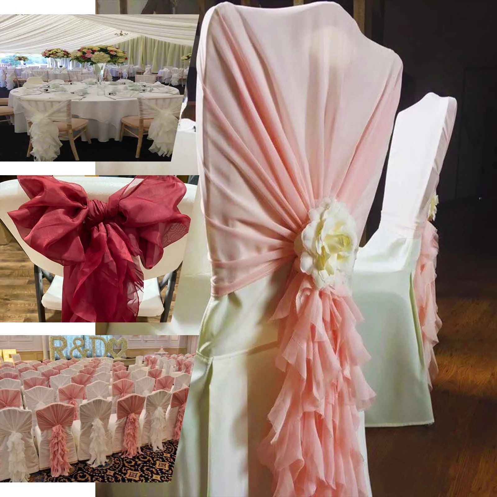 1 Set Dusty Rose Chiffon Hoods With Ruffles Willow Chair Sashes