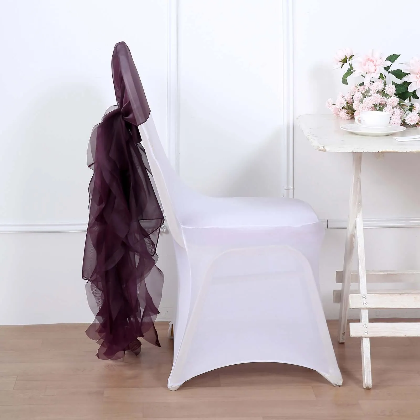 1 Set Eggplant Chiffon Hoods With Ruffles Willow Chair Sashes