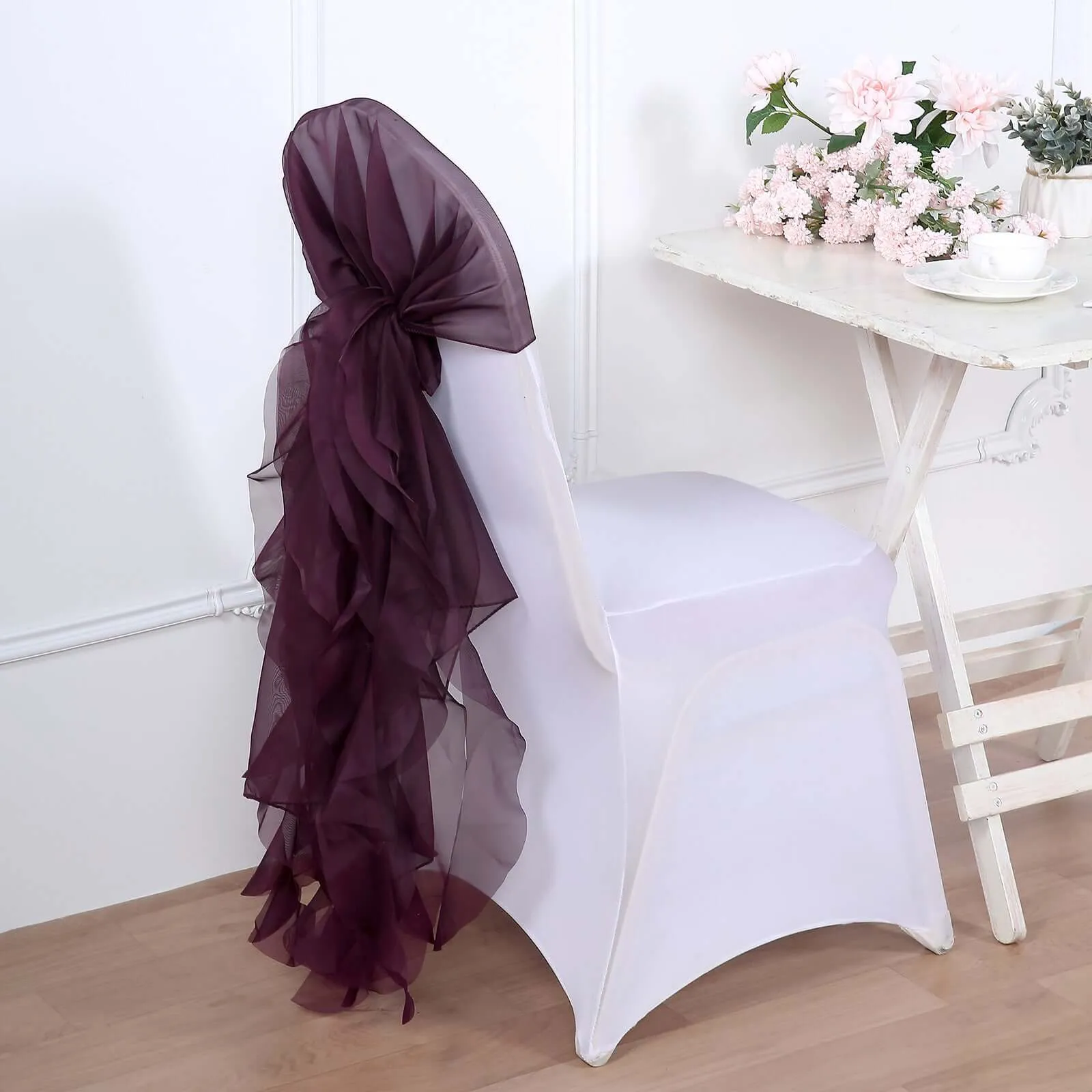 1 Set Eggplant Chiffon Hoods With Ruffles Willow Chair Sashes