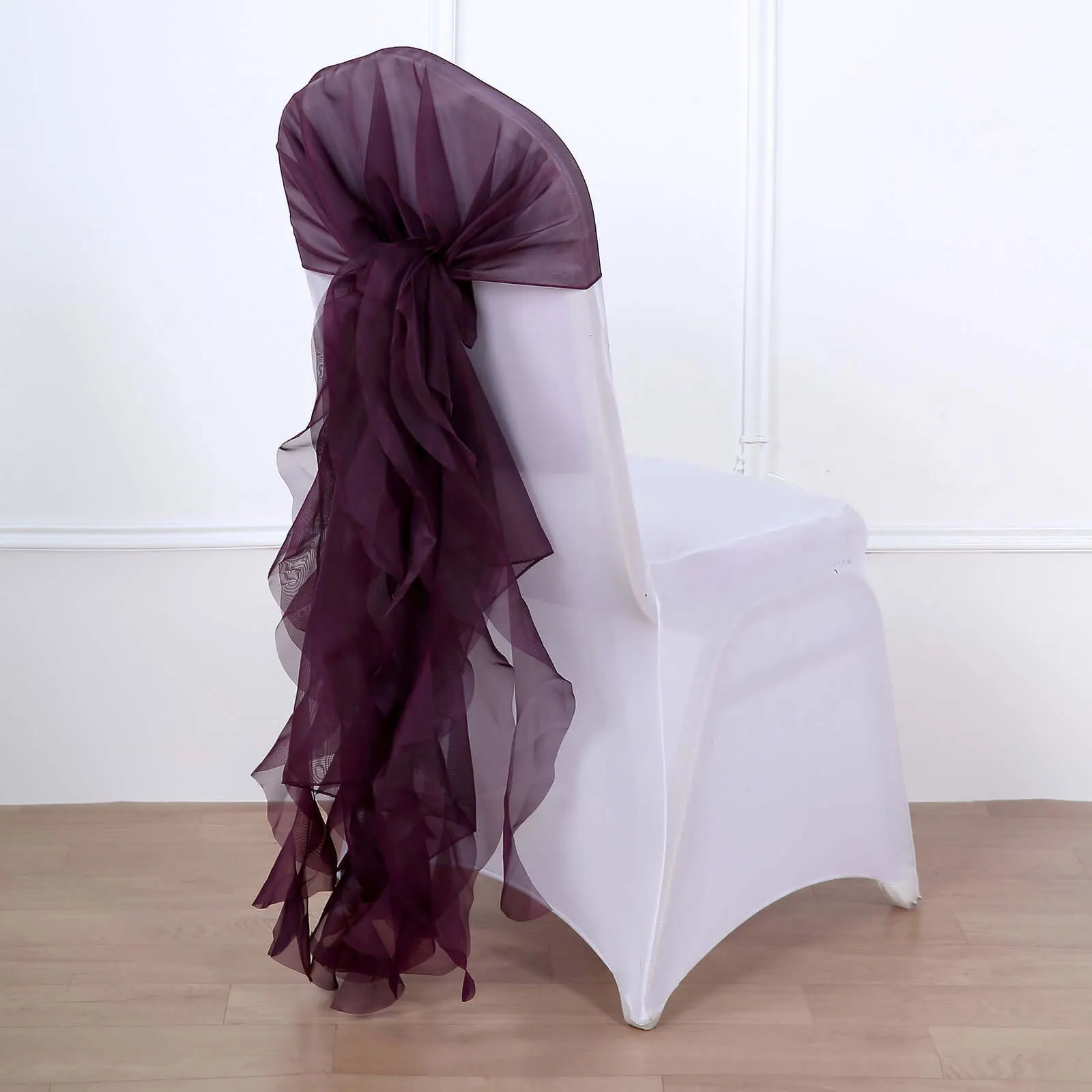 1 Set Eggplant Chiffon Hoods With Ruffles Willow Chair Sashes