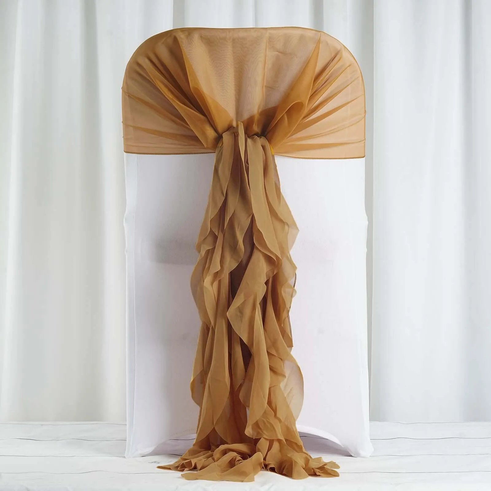 1 Set Gold Chiffon Hoods With Ruffles Willow Chair Sashes