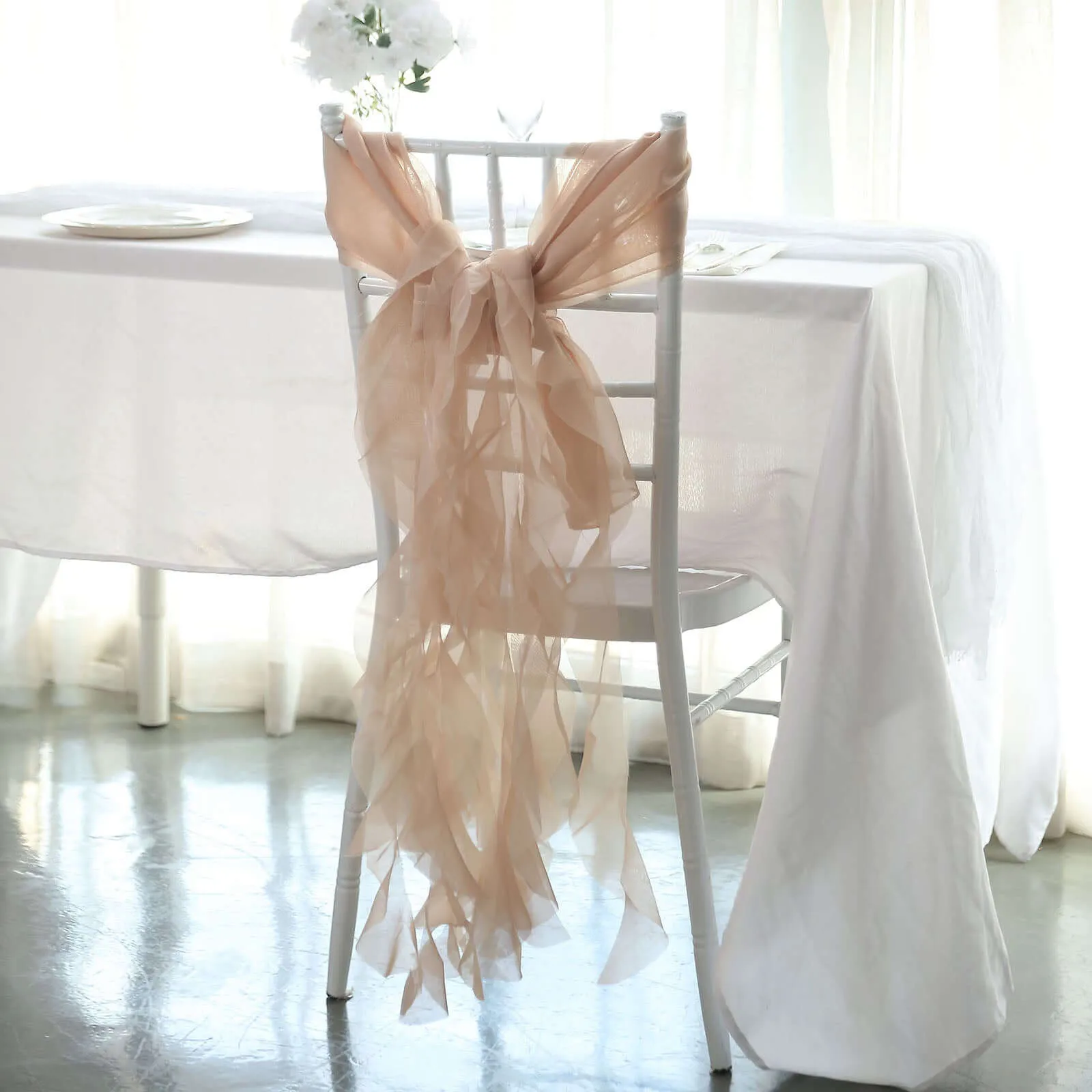 1 Set Nude Chiffon Hoods With Ruffles Willow Chiffon Chair Sashes