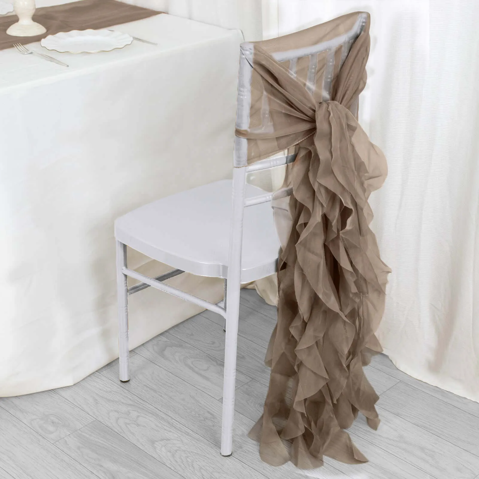 1 Set Taupe Chiffon Hoods With Ruffles Willow Chiffon Chair Sashes