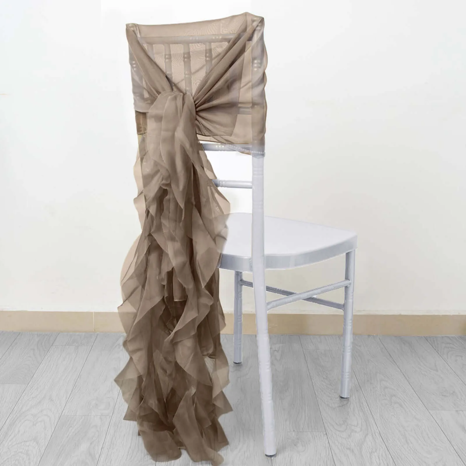 1 Set Taupe Chiffon Hoods With Ruffles Willow Chiffon Chair Sashes