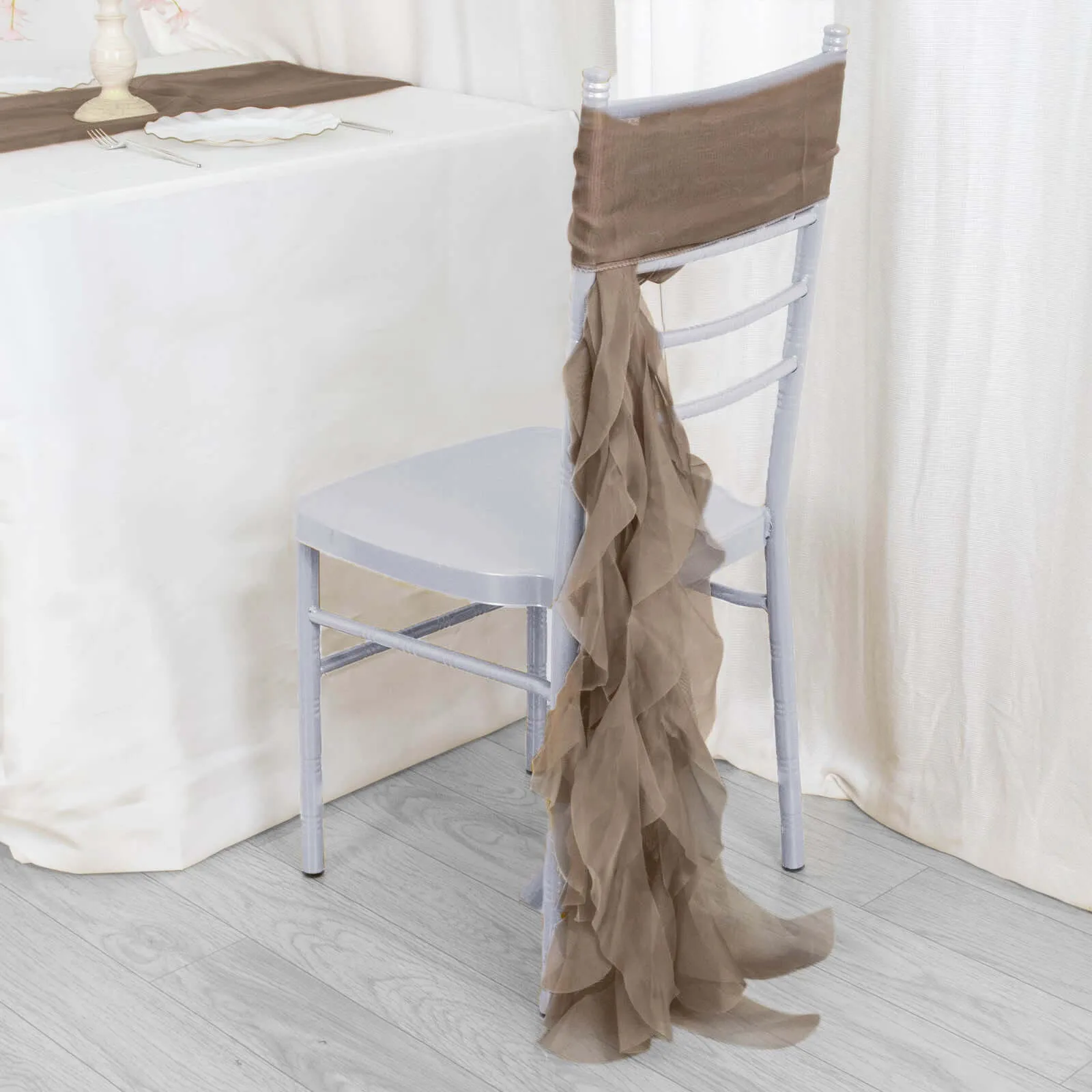 1 Set Taupe Chiffon Hoods With Ruffles Willow Chiffon Chair Sashes