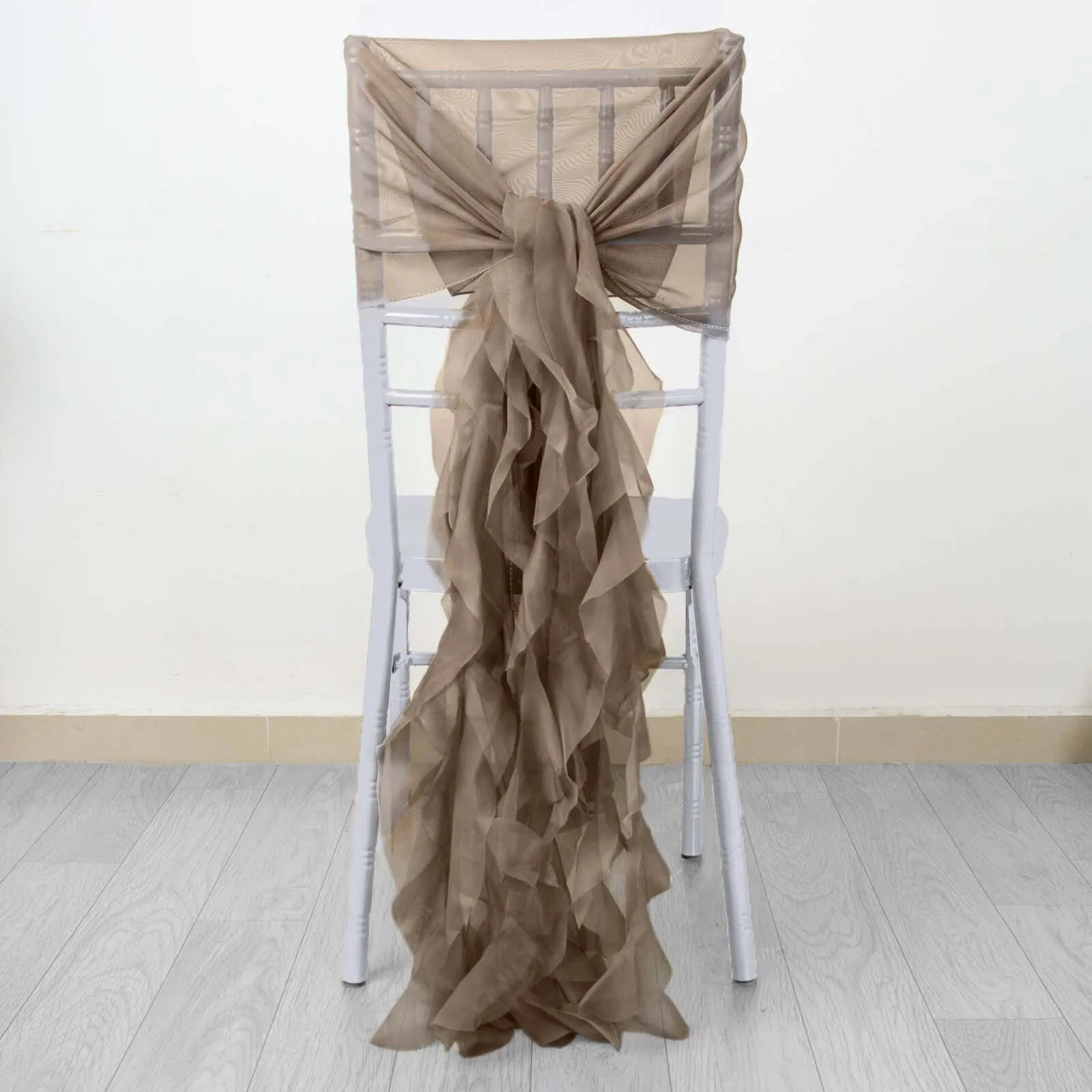 1 Set Taupe Chiffon Hoods With Ruffles Willow Chiffon Chair Sashes