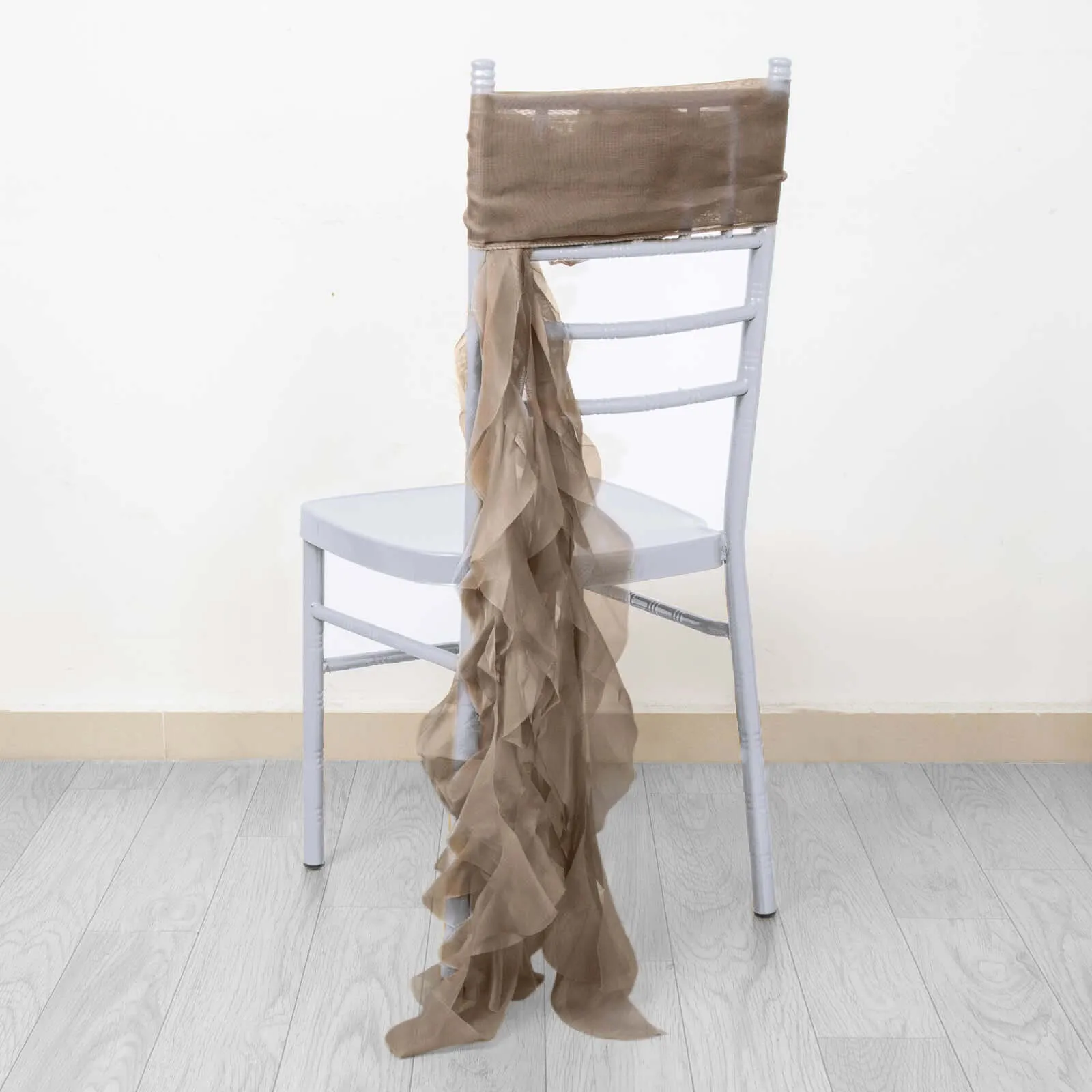 1 Set Taupe Chiffon Hoods With Ruffles Willow Chiffon Chair Sashes