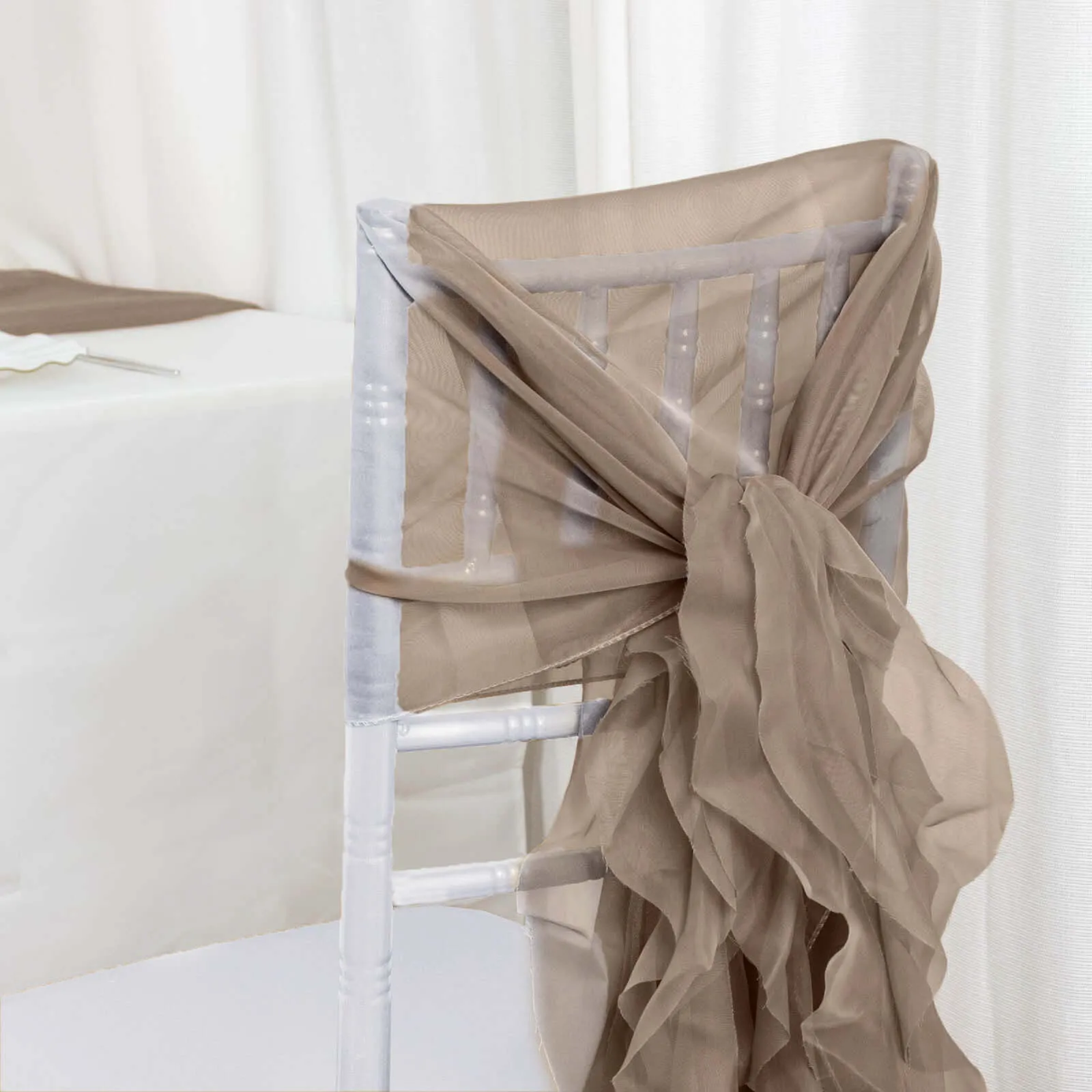 1 Set Taupe Chiffon Hoods With Ruffles Willow Chiffon Chair Sashes