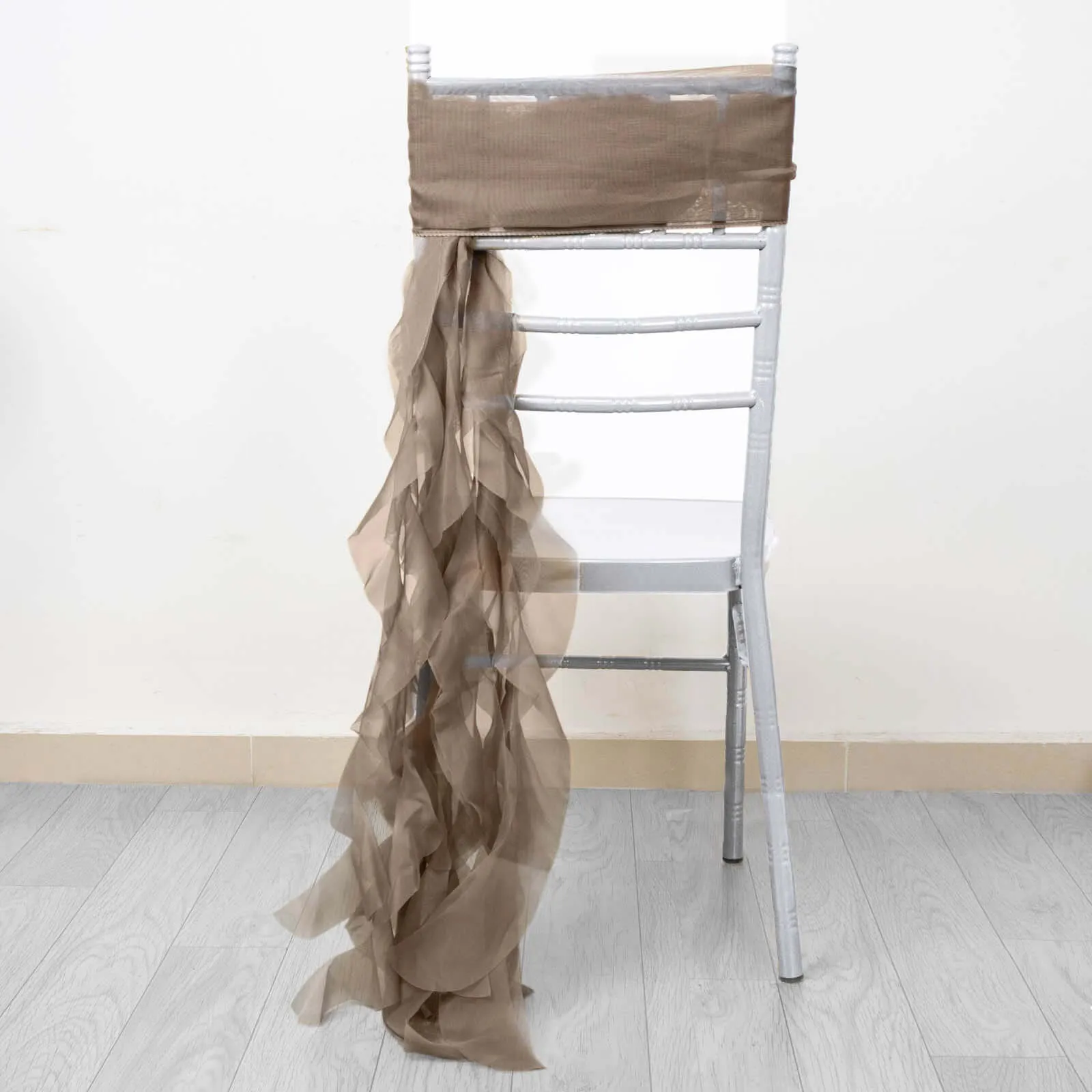 1 Set Taupe Chiffon Hoods With Ruffles Willow Chiffon Chair Sashes