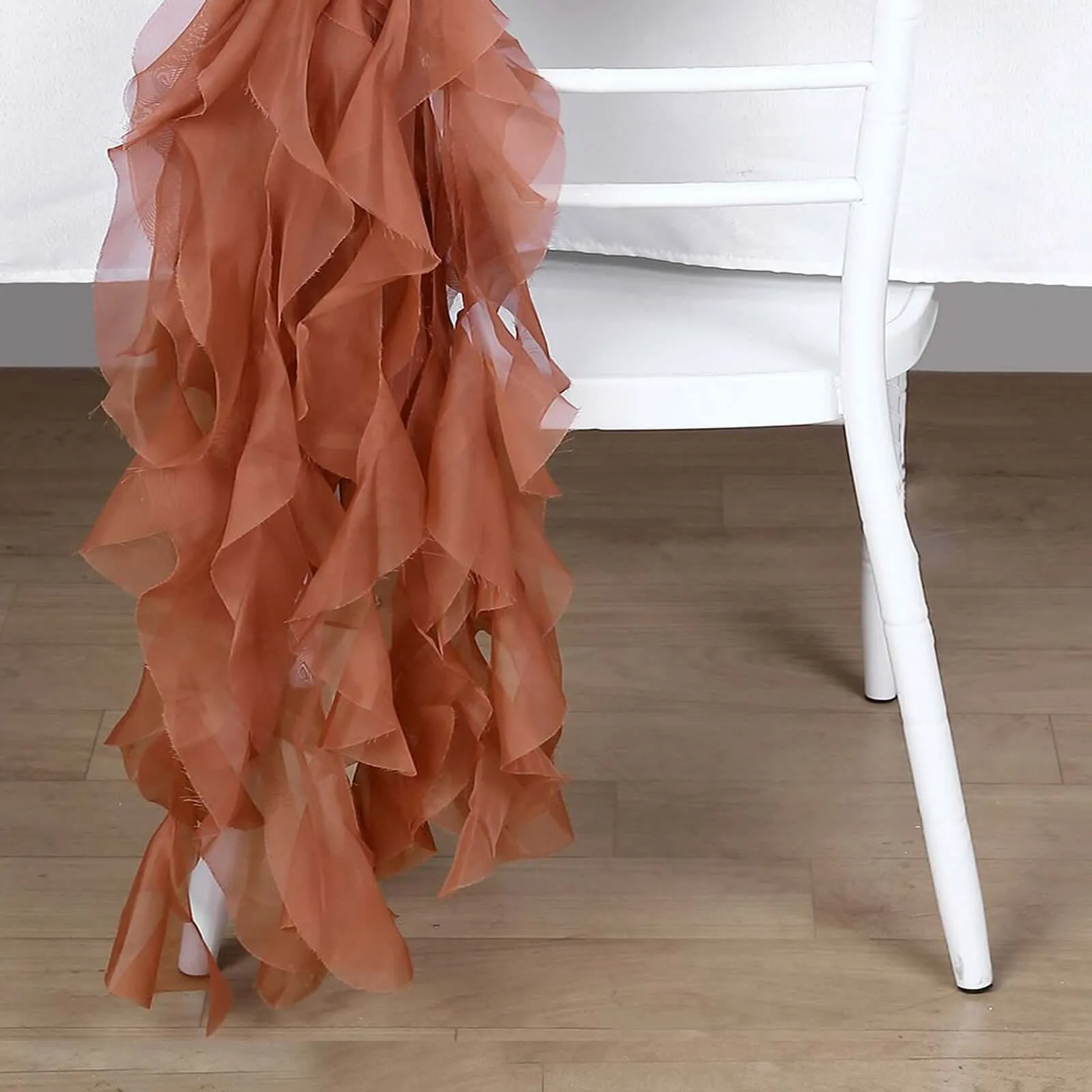 1 Set Terracotta (Rust) Chiffon Hoods With Ruffles Willow Chair Sashes