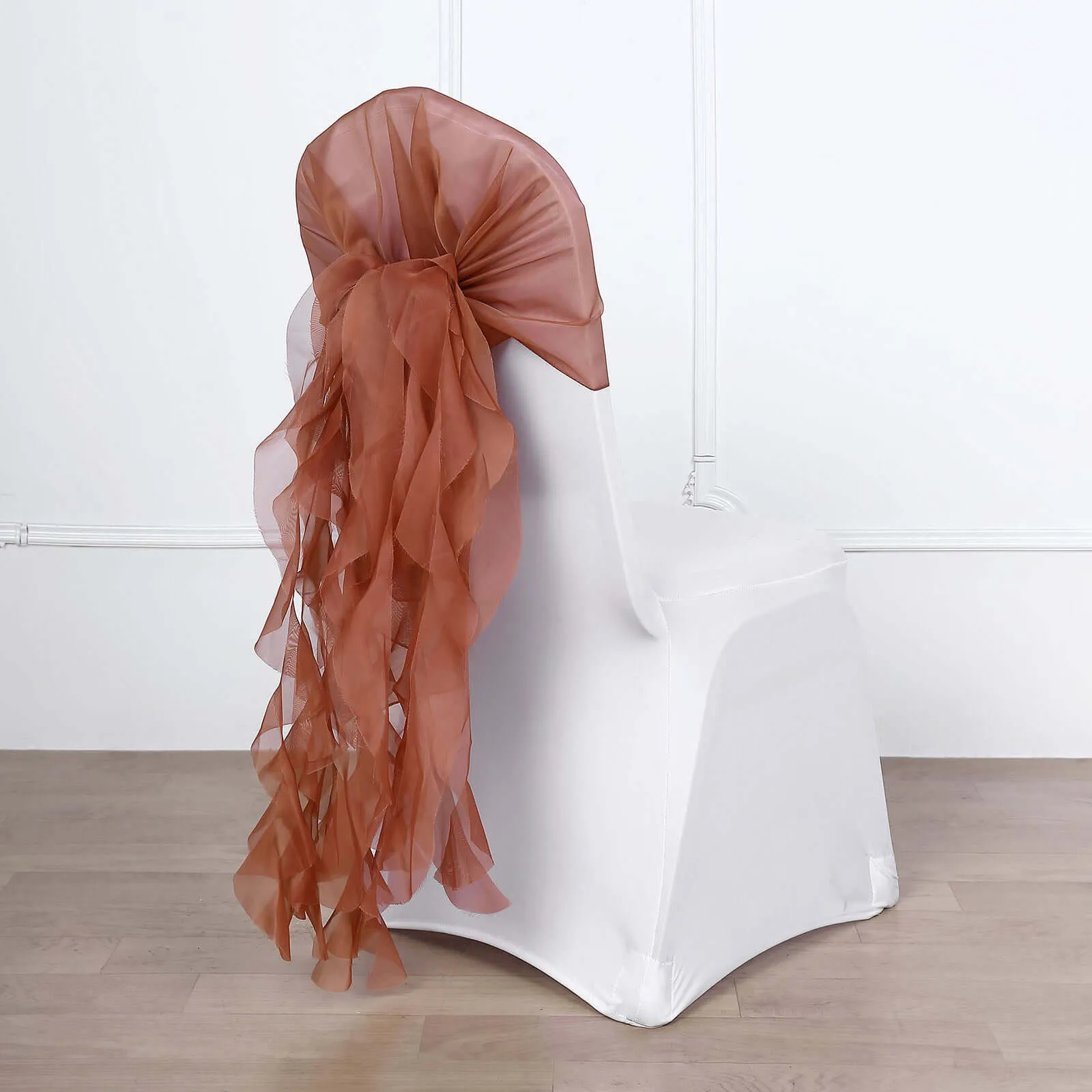 1 Set Terracotta (Rust) Chiffon Hoods With Ruffles Willow Chair Sashes