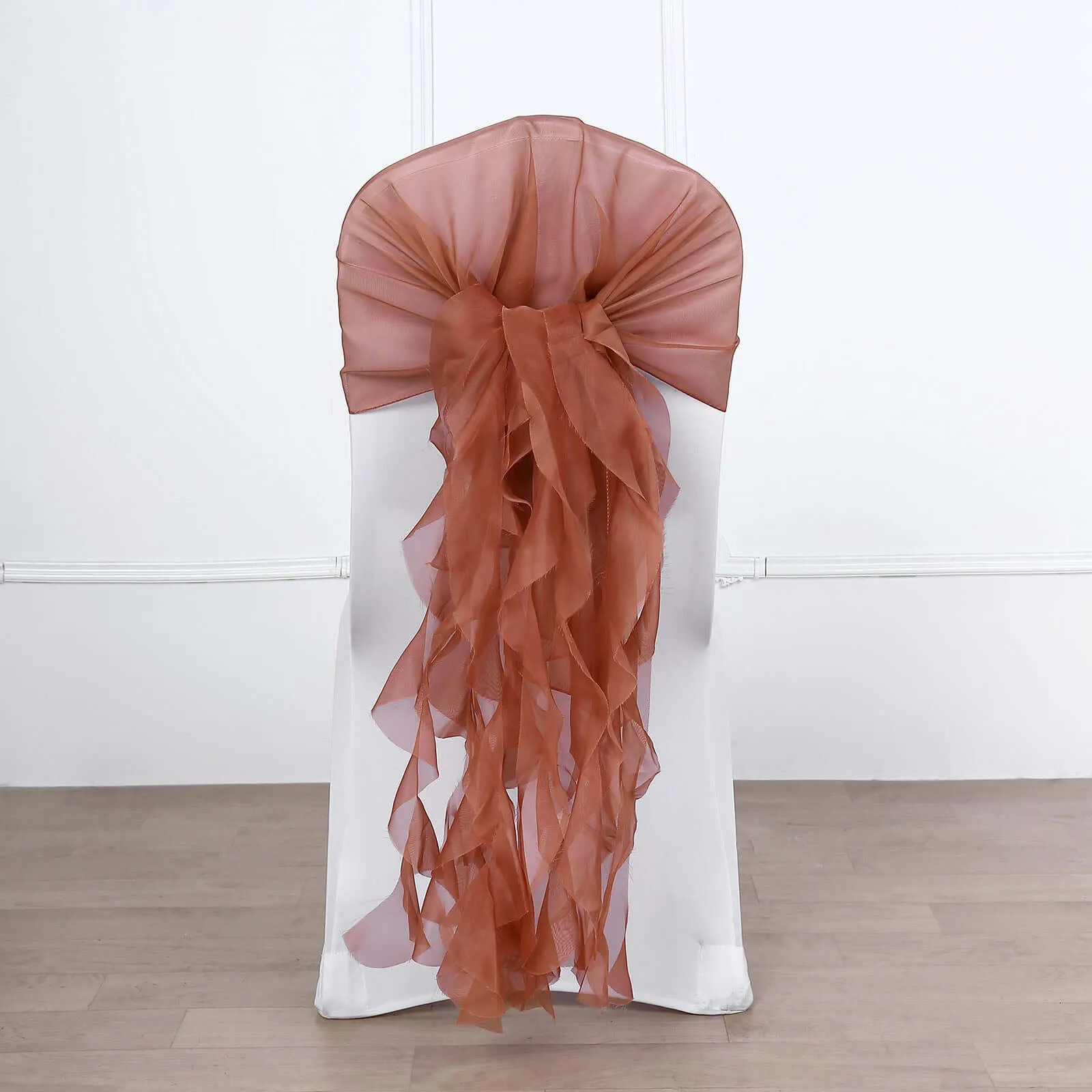 1 Set Terracotta (Rust) Chiffon Hoods With Ruffles Willow Chair Sashes