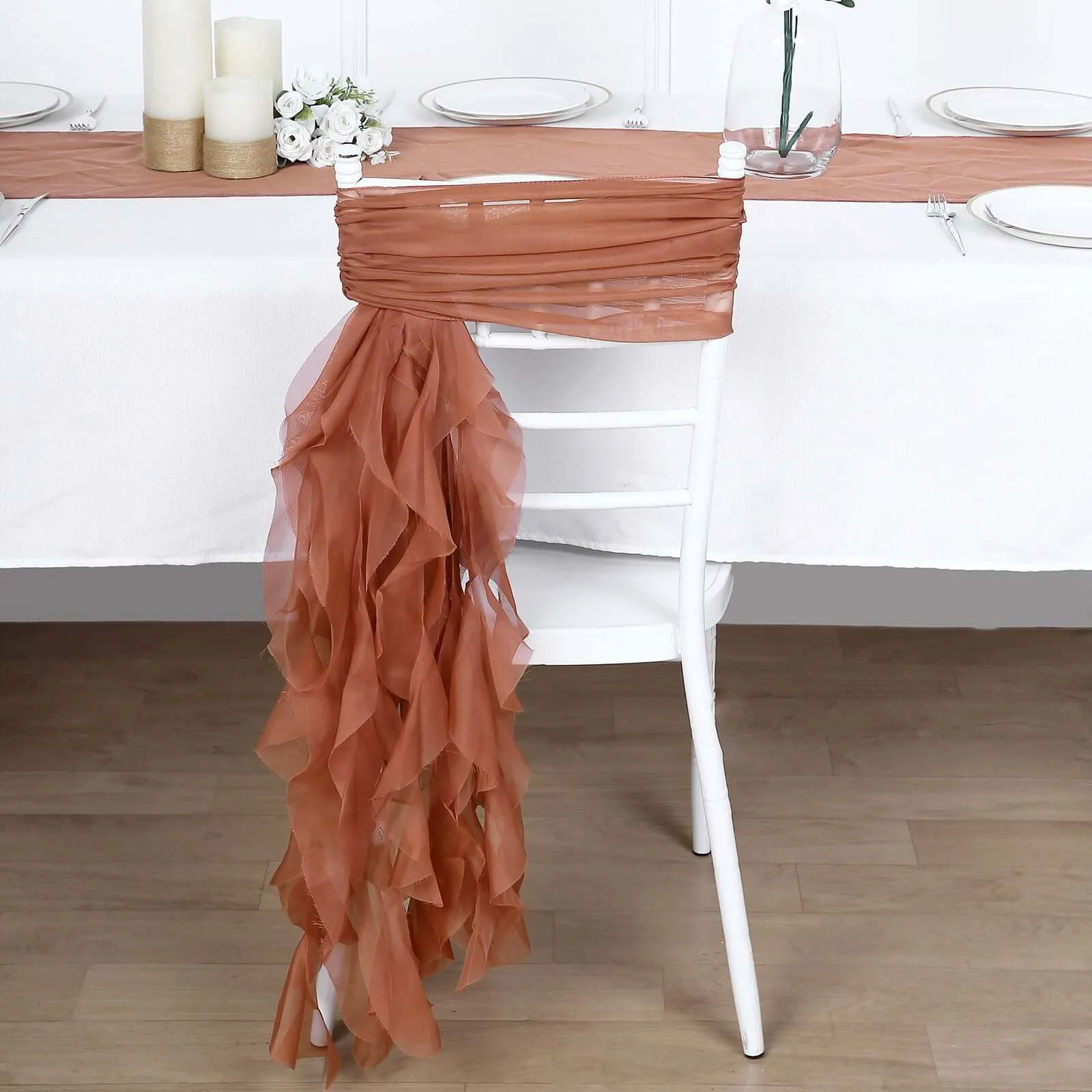 1 Set Terracotta (Rust) Chiffon Hoods With Ruffles Willow Chair Sashes