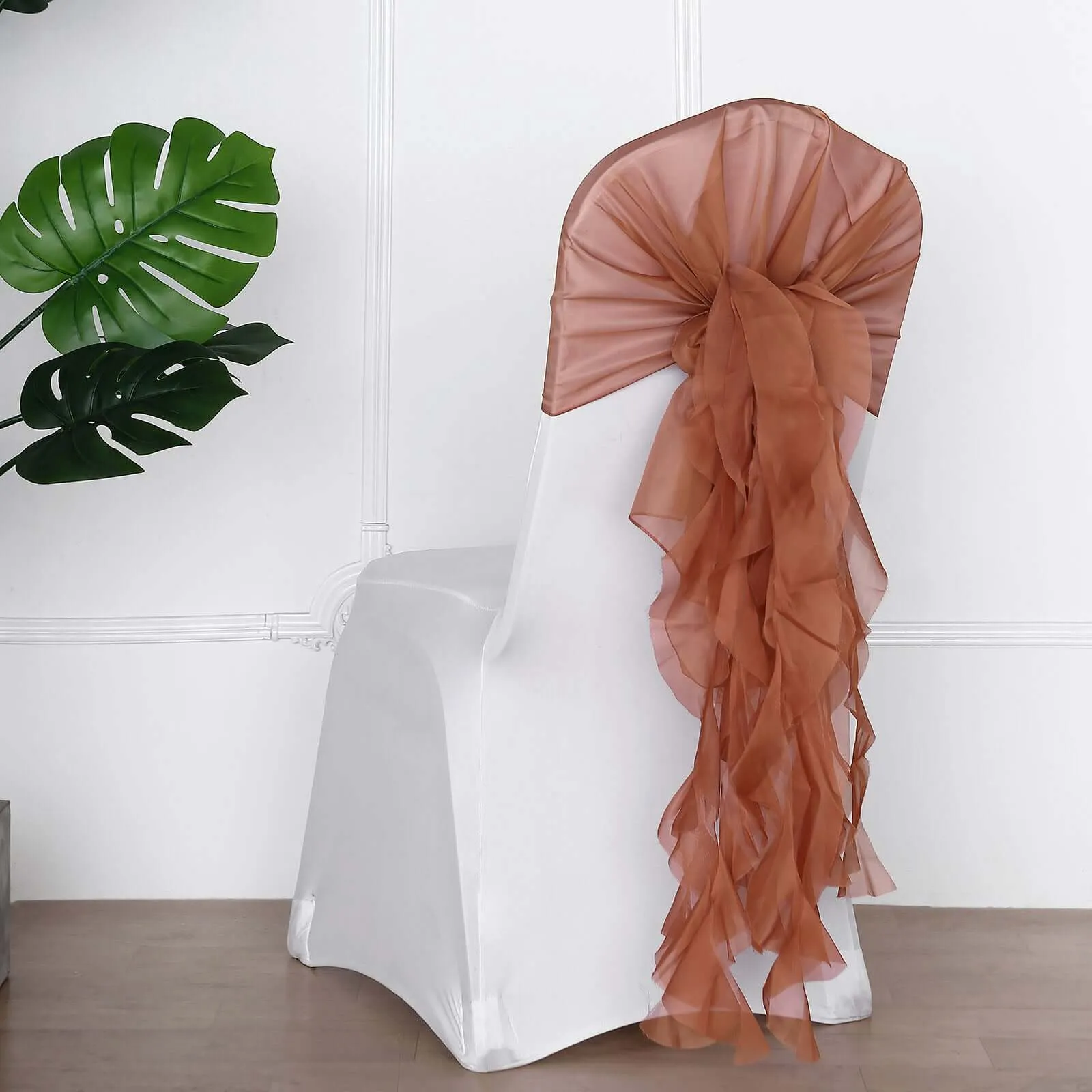 1 Set Terracotta (Rust) Chiffon Hoods With Ruffles Willow Chair Sashes