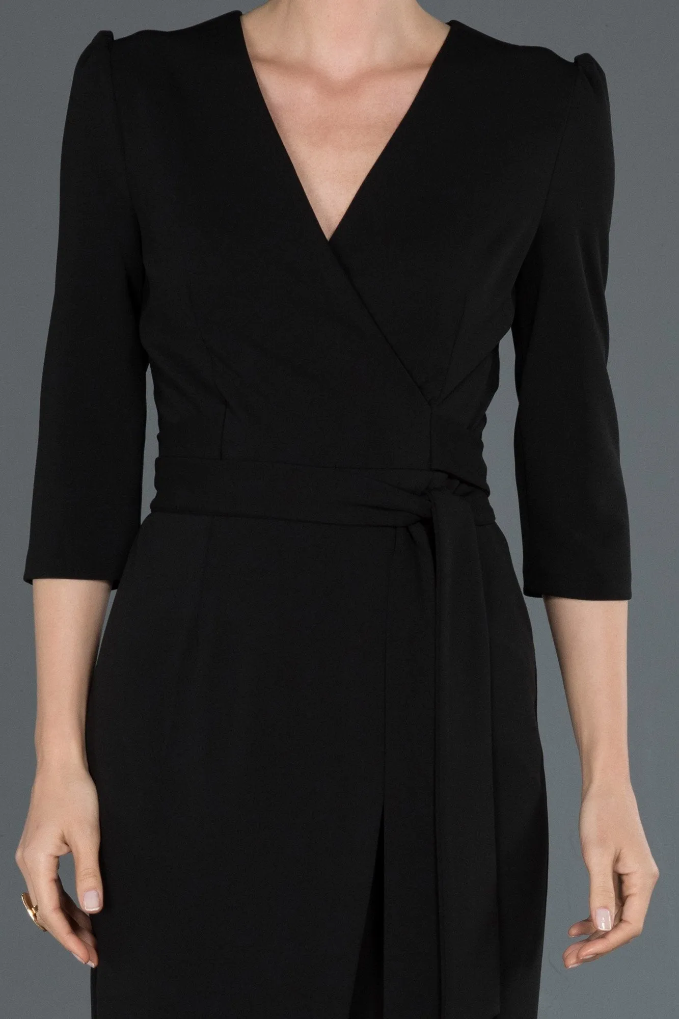 15982 Black Tie Waist Wrap Dress