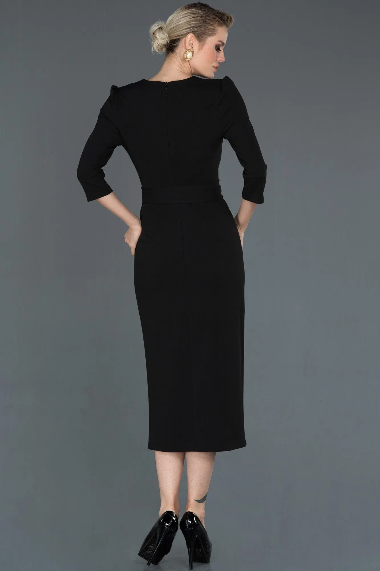 15982 Black Tie Waist Wrap Dress