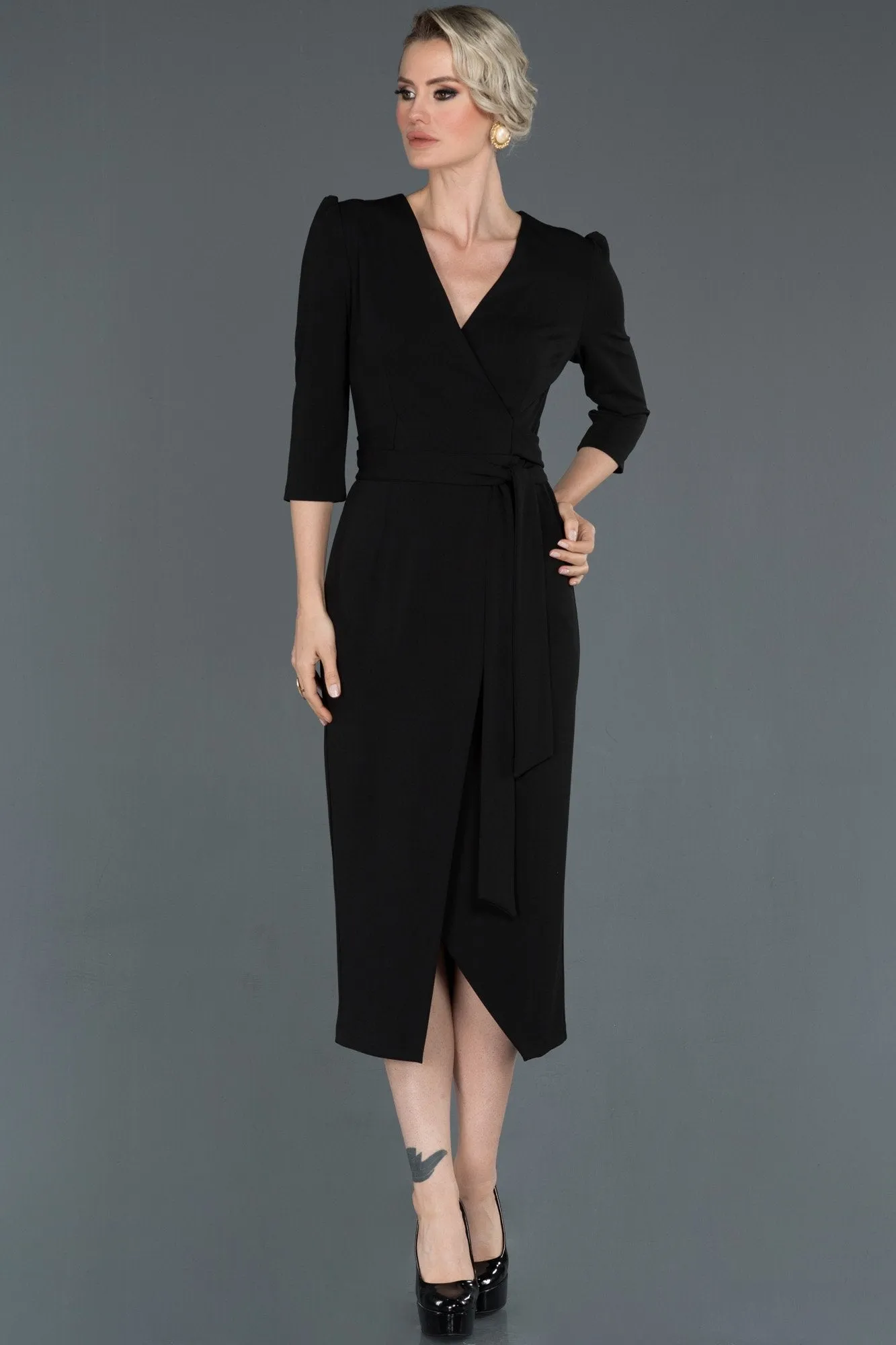 15982 Black Tie Waist Wrap Dress