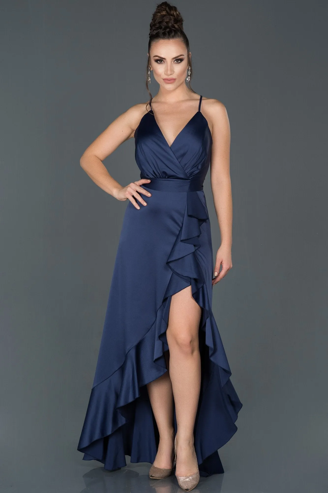 16027 Blue Ruffle Slit Satin Dress