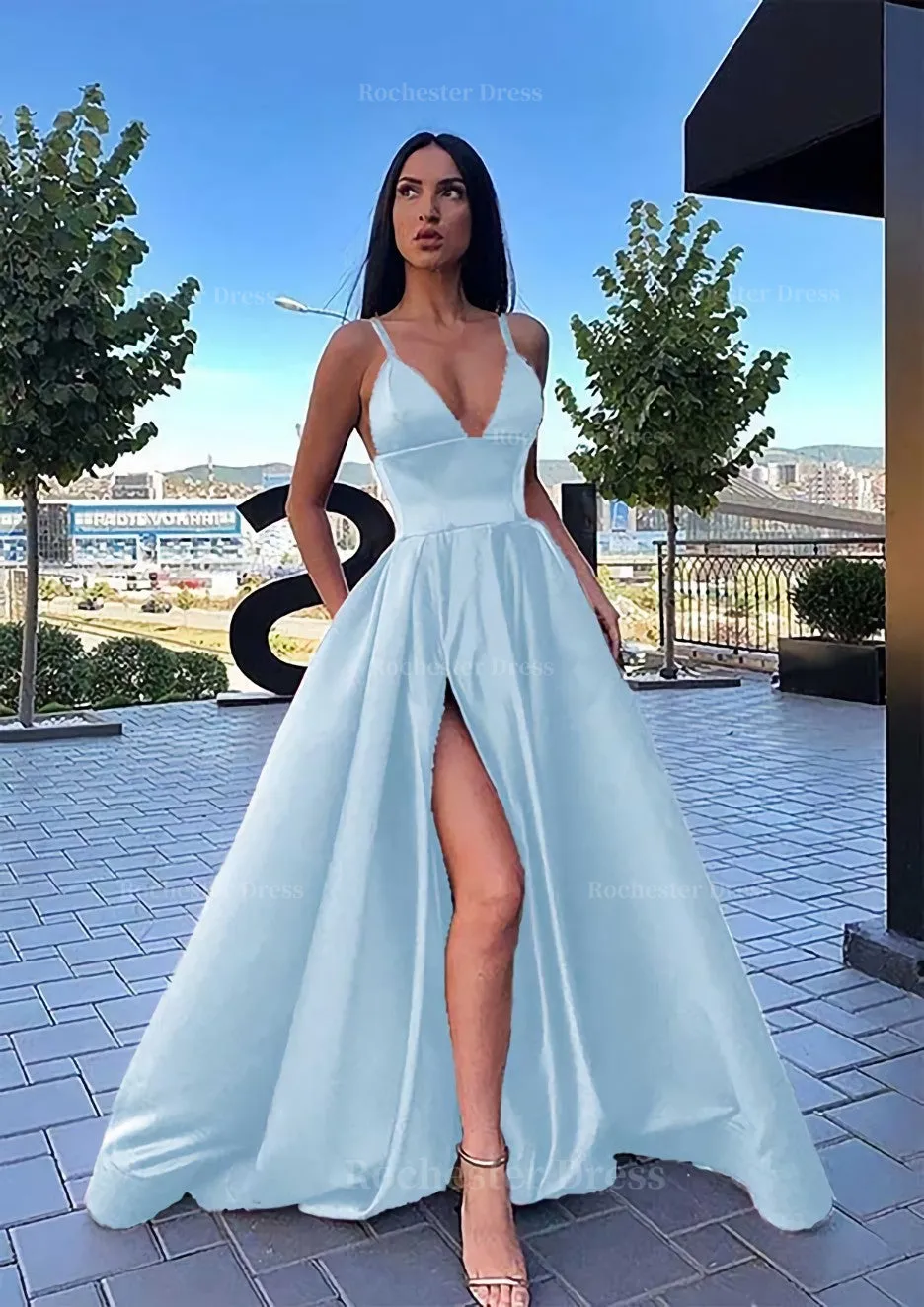 A-line V Neck Sleeveless Sweep Train Satin Prom Dress