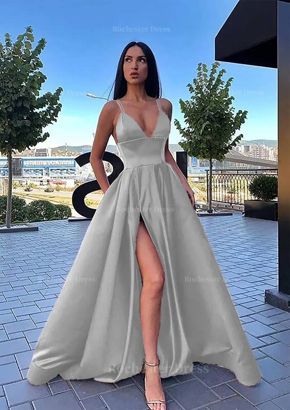 A-line V Neck Sleeveless Sweep Train Satin Prom Dress