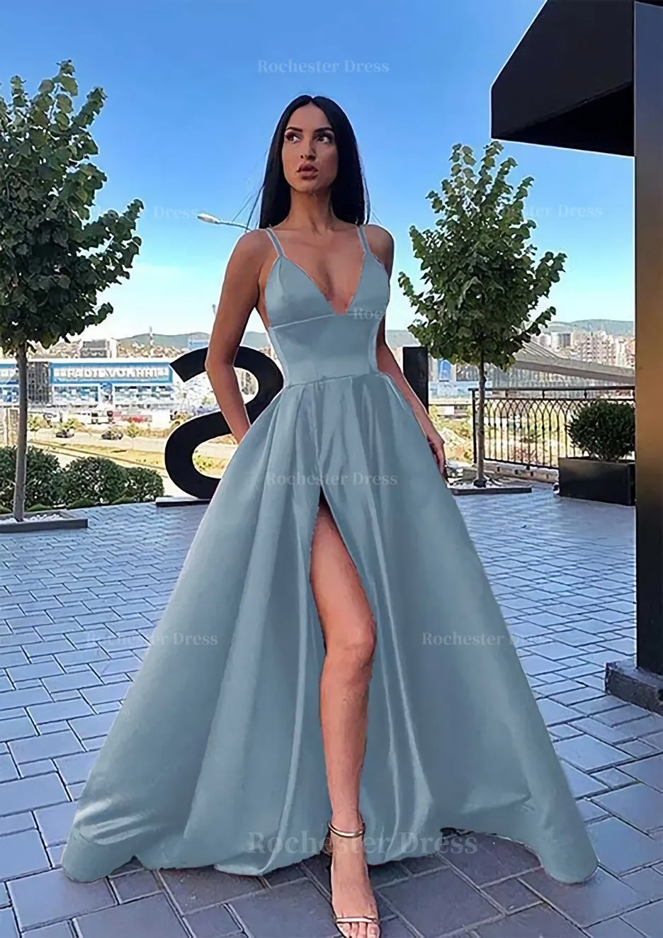 A-line V Neck Sleeveless Sweep Train Satin Prom Dress