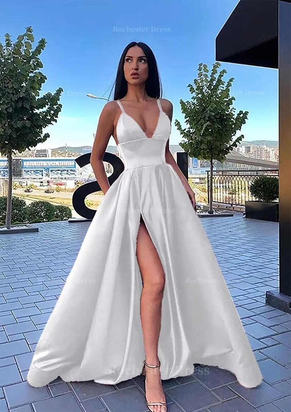 A-line V Neck Sleeveless Sweep Train Satin Prom Dress