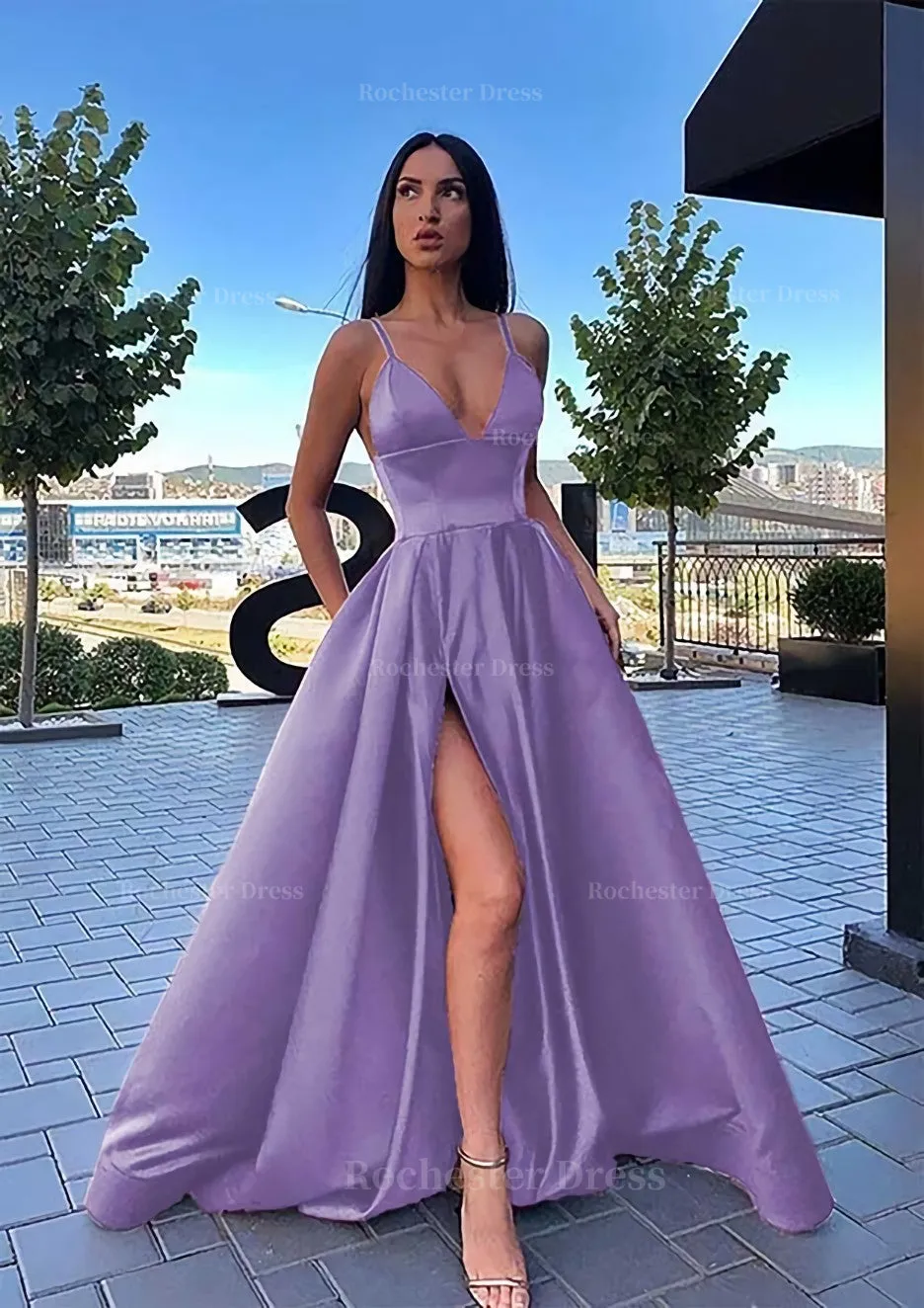 A-line V Neck Sleeveless Sweep Train Satin Prom Dress