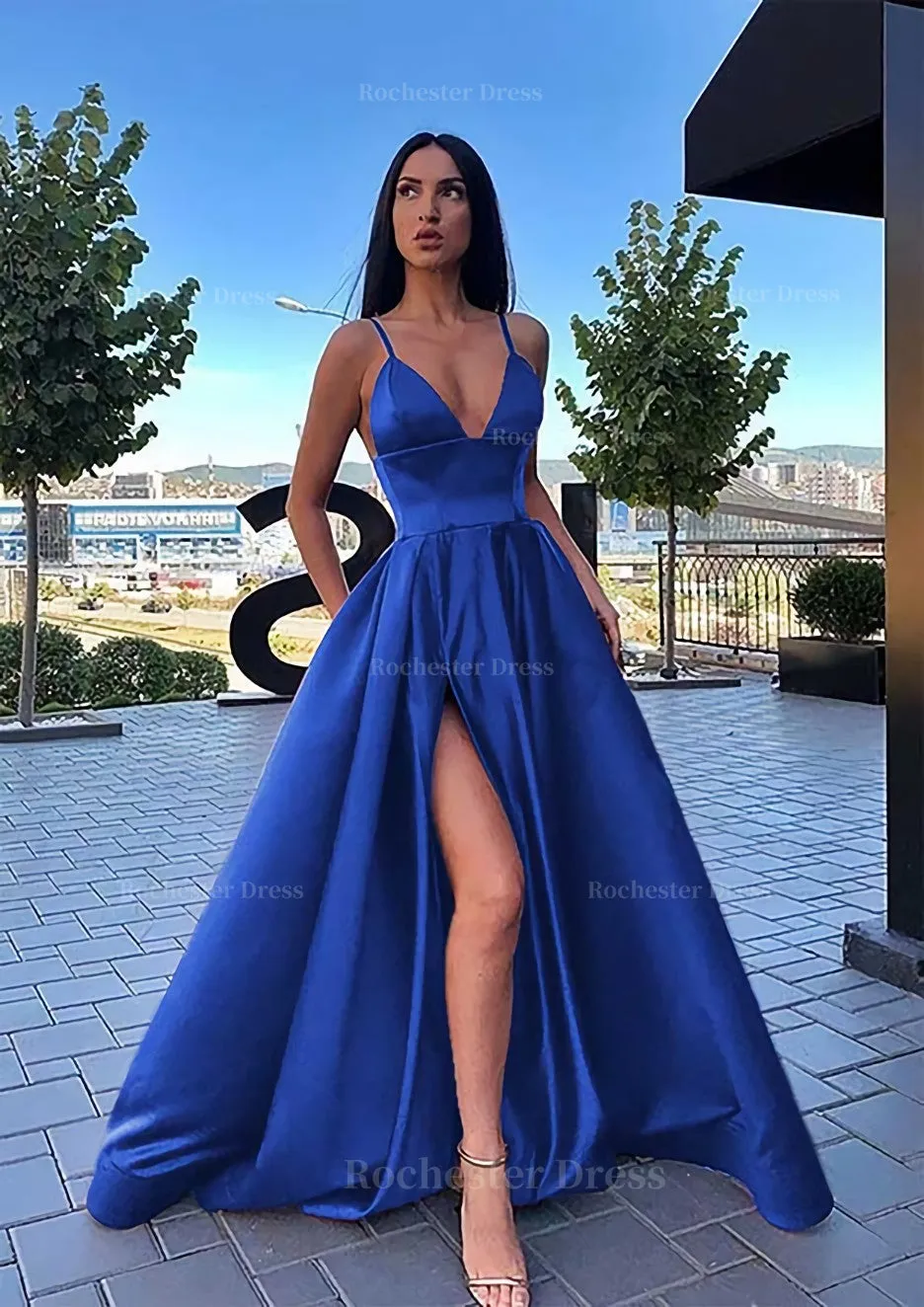 A-line V Neck Sleeveless Sweep Train Satin Prom Dress