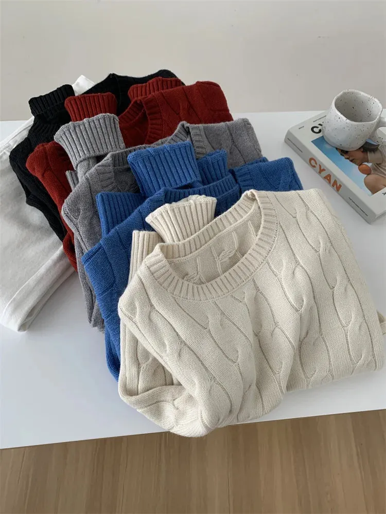 Amozae-Autumn Casual Outfits Amozae-Women's Dough Twists Sweater, Korean Loose, Anti-Pilling Knit, Warm, Round Neck Top, White, Blue, Winter