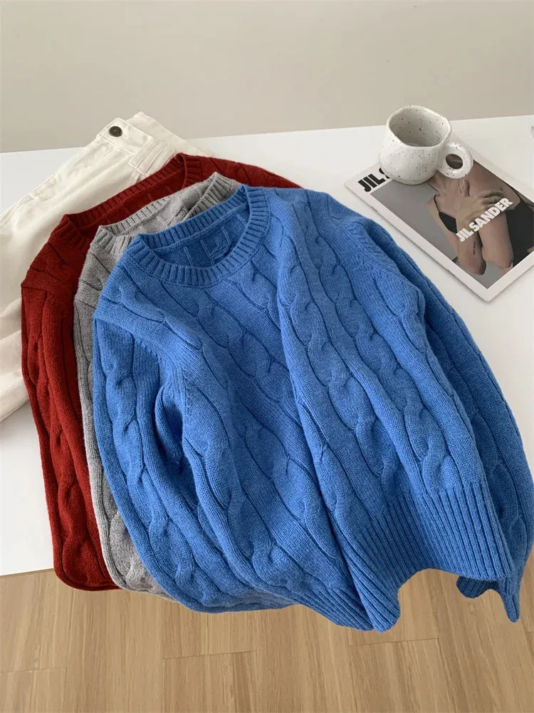 Amozae-Autumn Casual Outfits Amozae-Women's Dough Twists Sweater, Korean Loose, Anti-Pilling Knit, Warm, Round Neck Top, White, Blue, Winter