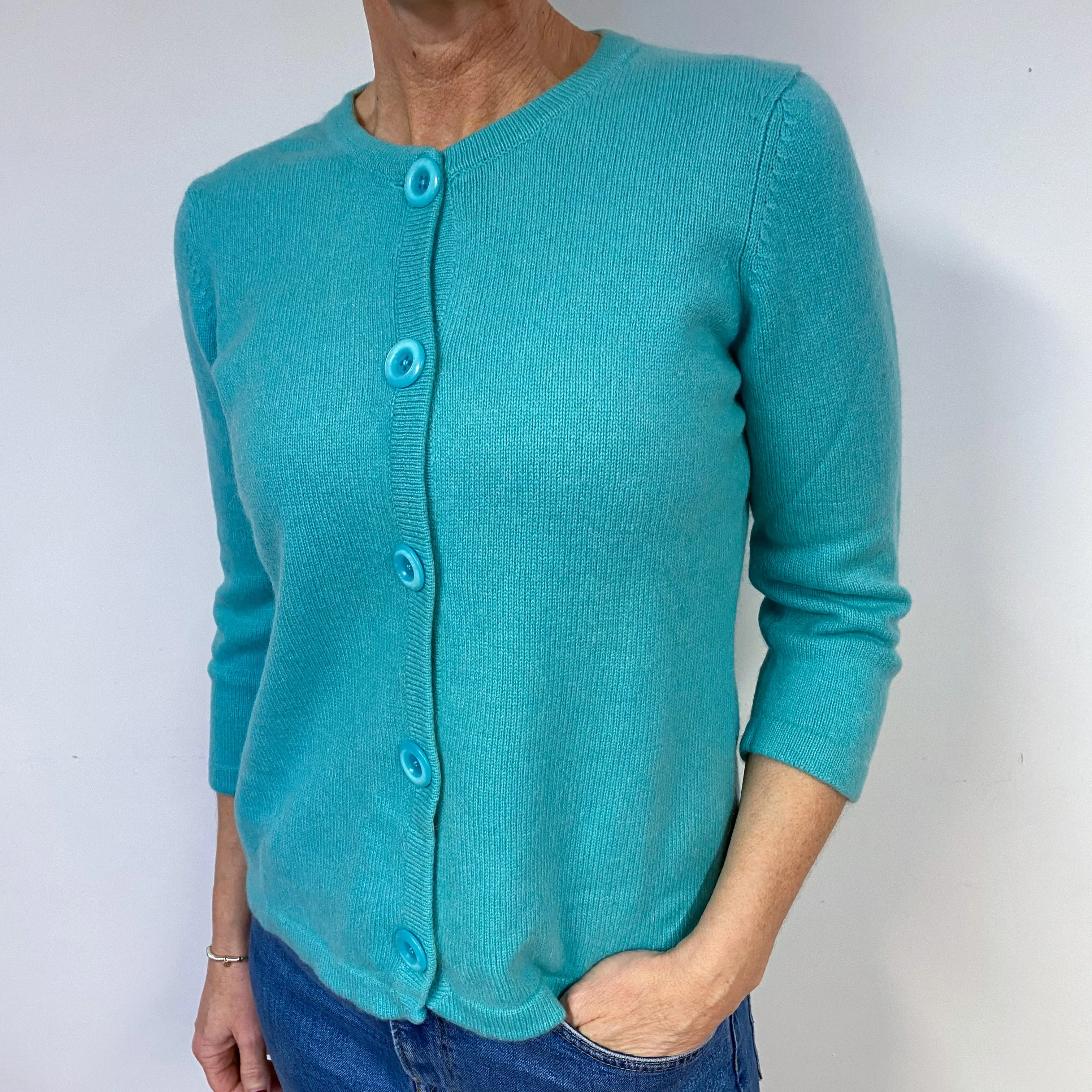 Aqua Green Cashmere Crew Neck Cardigan Medium