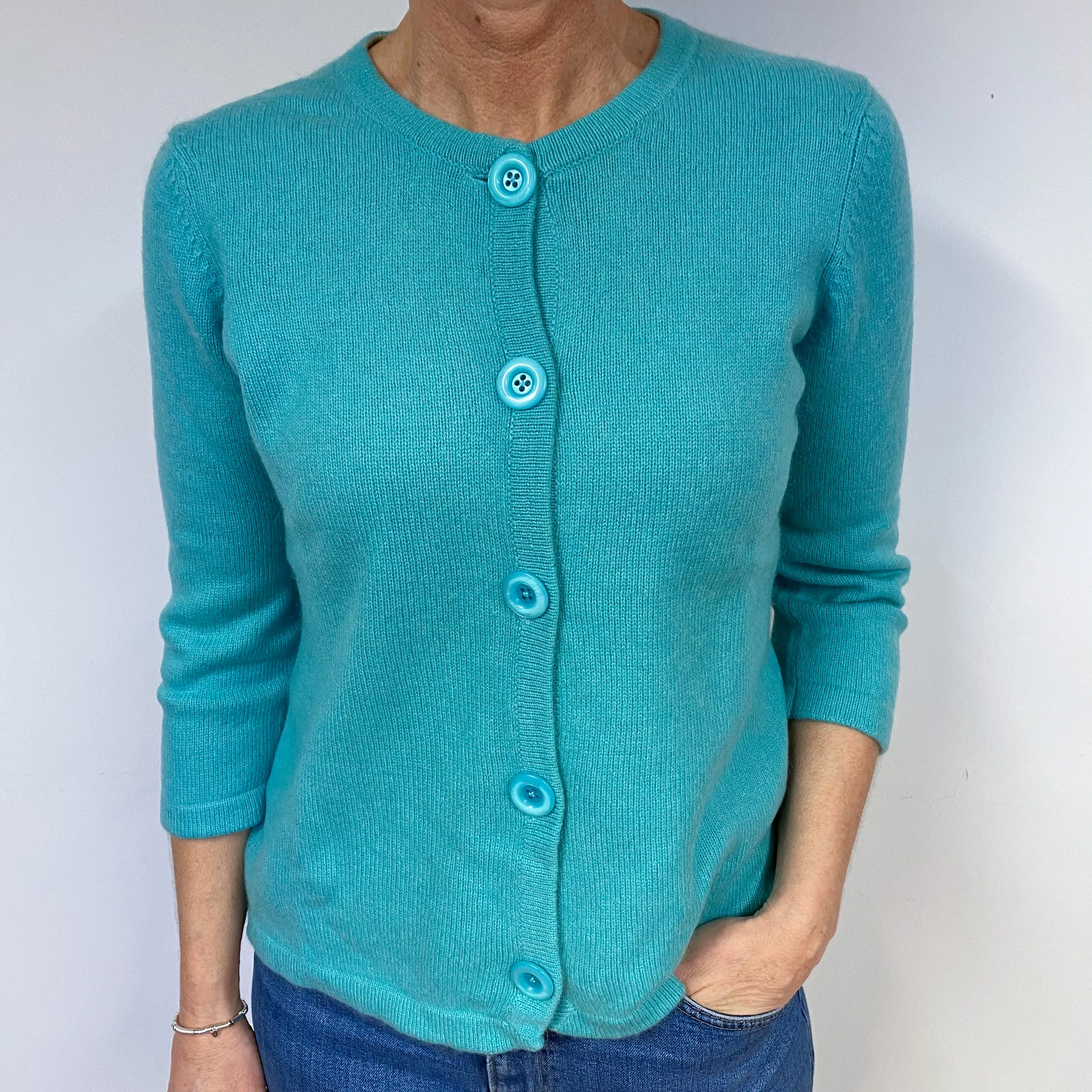 Aqua Green Cashmere Crew Neck Cardigan Medium