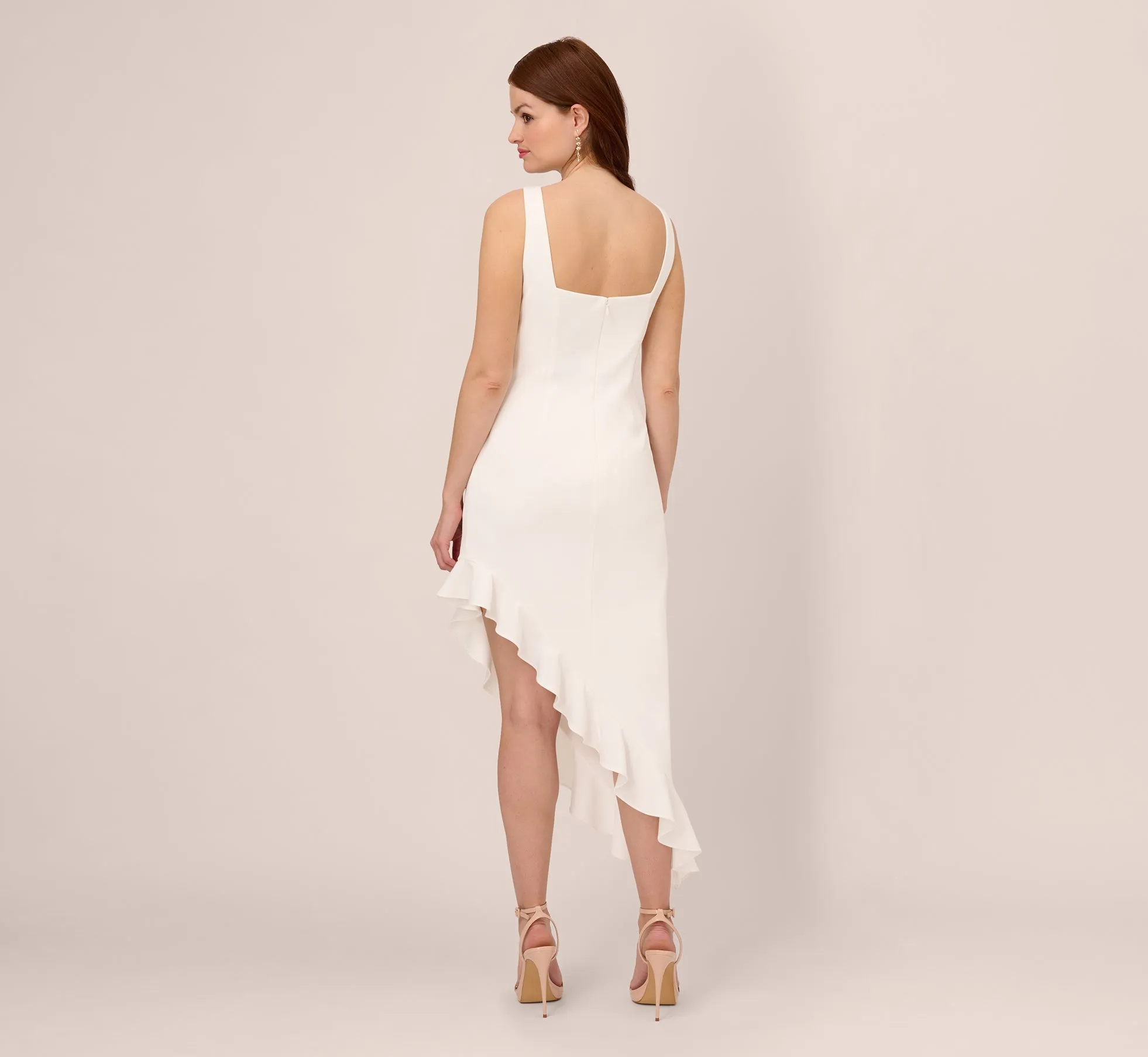 Asymmetrical Crepe Midi Dress With Flounce Hem In Ivory