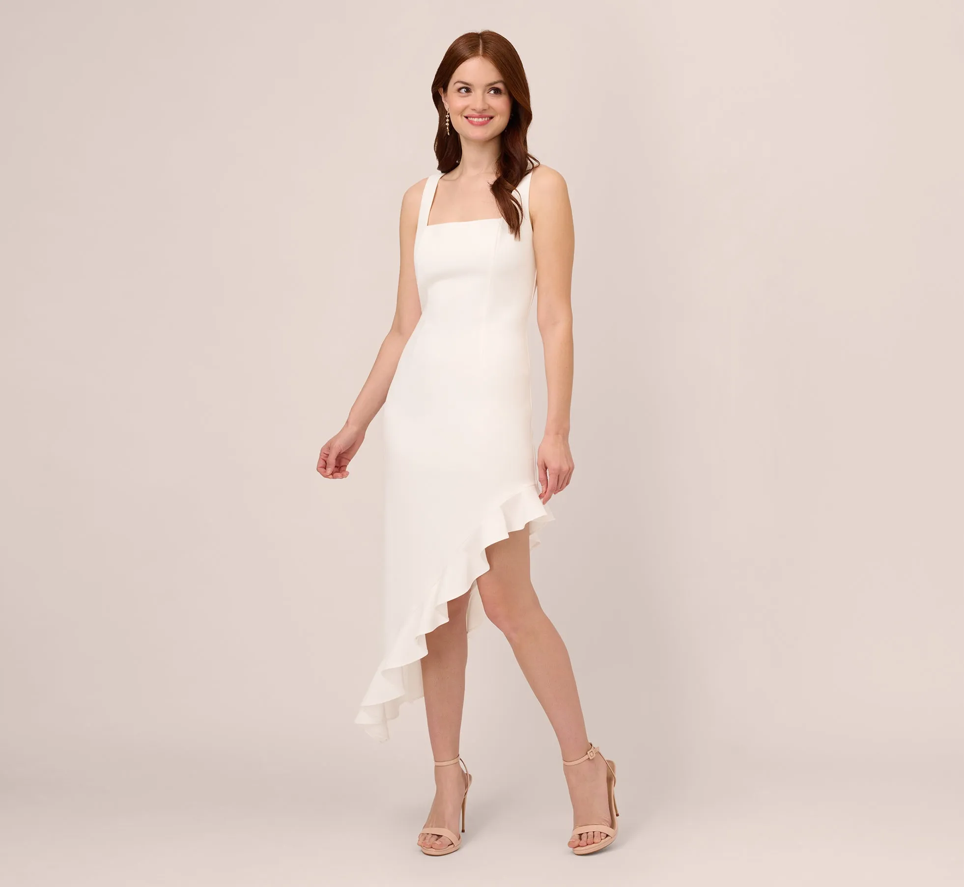 Asymmetrical Crepe Midi Dress With Flounce Hem In Ivory