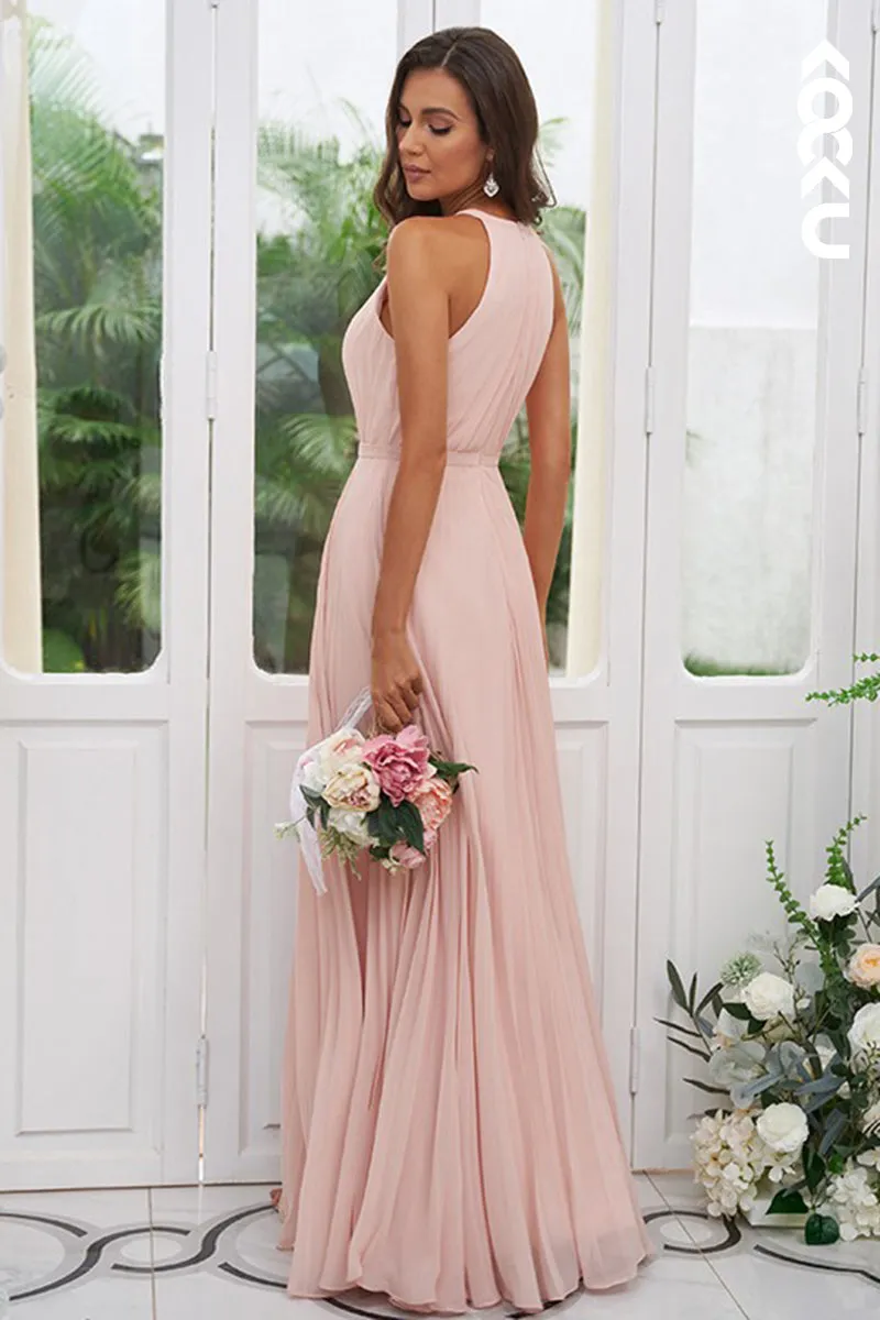 B4022 - Pink Halter Ruched Chiffon A-Line Long Bridesmaid Dress