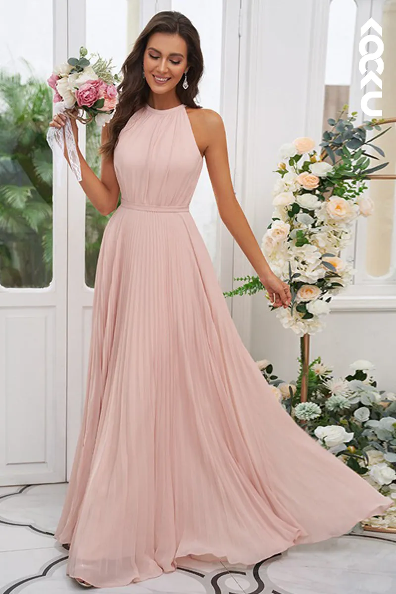 B4022 - Pink Halter Ruched Chiffon A-Line Long Bridesmaid Dress