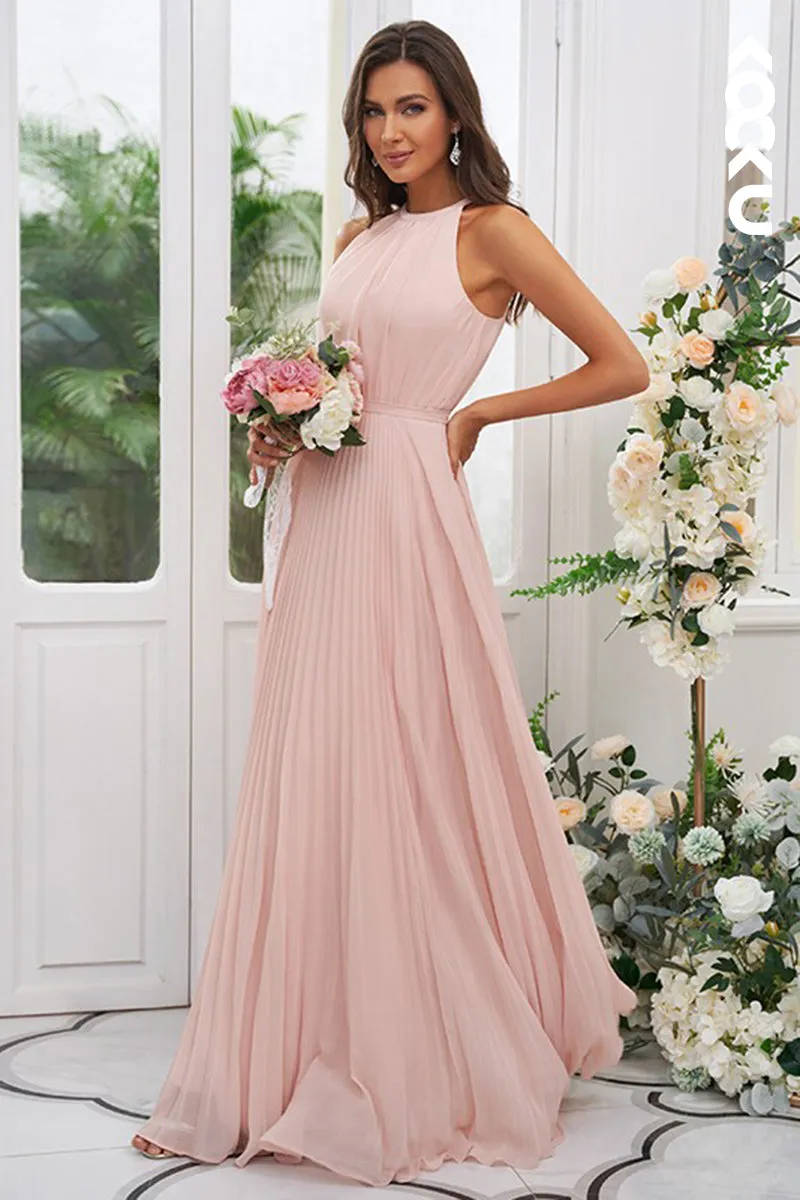 B4022 - Pink Halter Ruched Chiffon A-Line Long Bridesmaid Dress