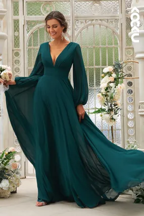 B4023 - V-Neck Long Sleeves Backless Ruched Chiffon A-Line Long Bridesmaid Dress