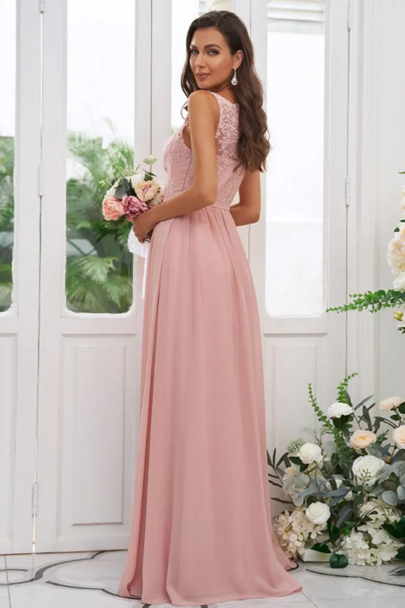 B4041 - Square Neck Lace Appliqued Chiffon A-Line Bridesmaid Dress