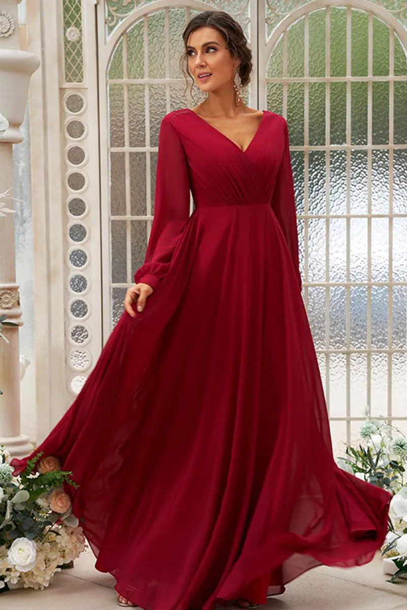 B4043 - V-Neck Lone Sleeves Ruched Chiffon A-Line Bridesmaid Dress