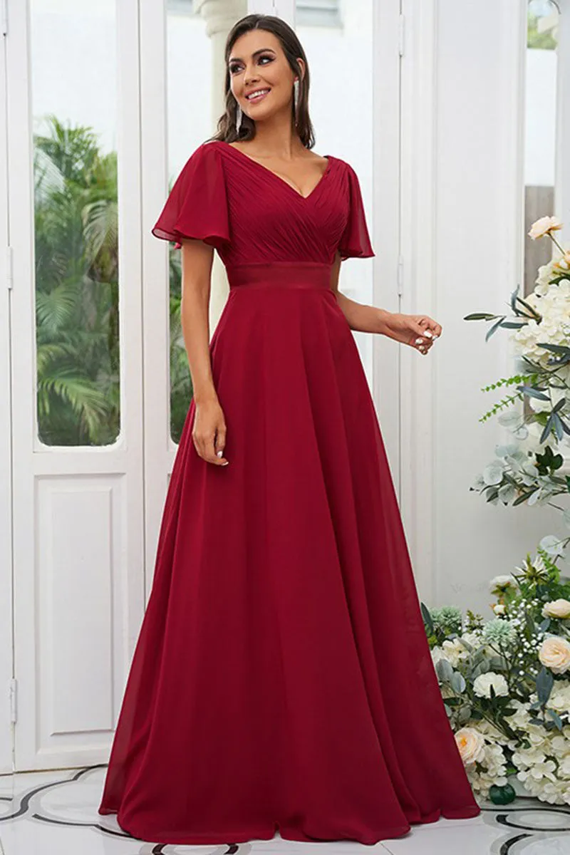 B4044 - V-Neck Short Sleeves Ruched Chiffon A-Line Bridesmaid Dress