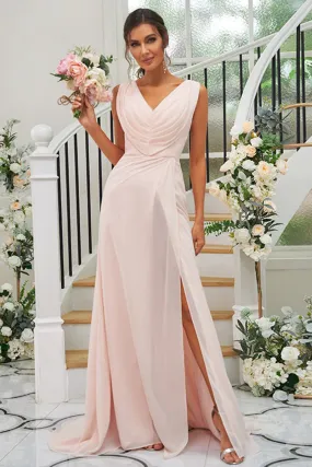 B4045 - V-Neck Sleeveless Ruched Chiffon A-Line Bridesmaid Dress With Slit