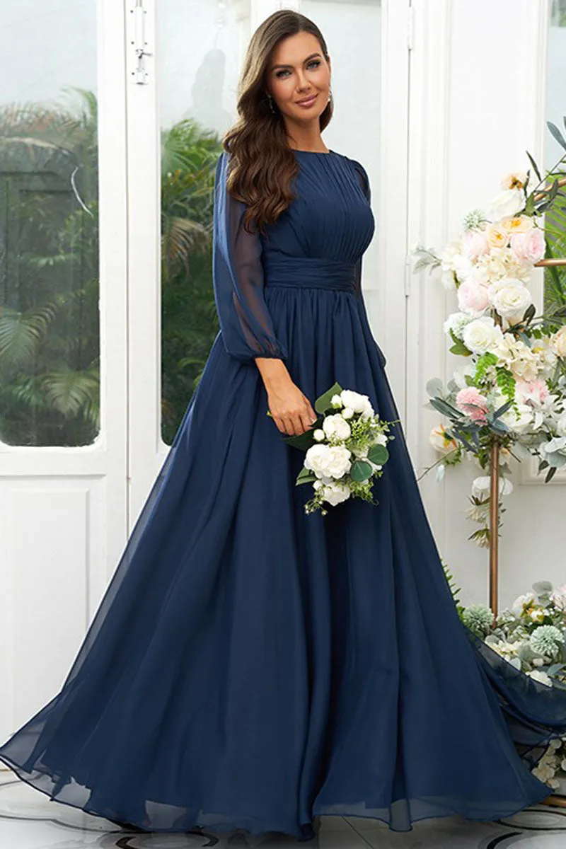 B4061 - Scoop Long Sleeves Ruched Chiffon A-Line Long Bridesmaid Dress