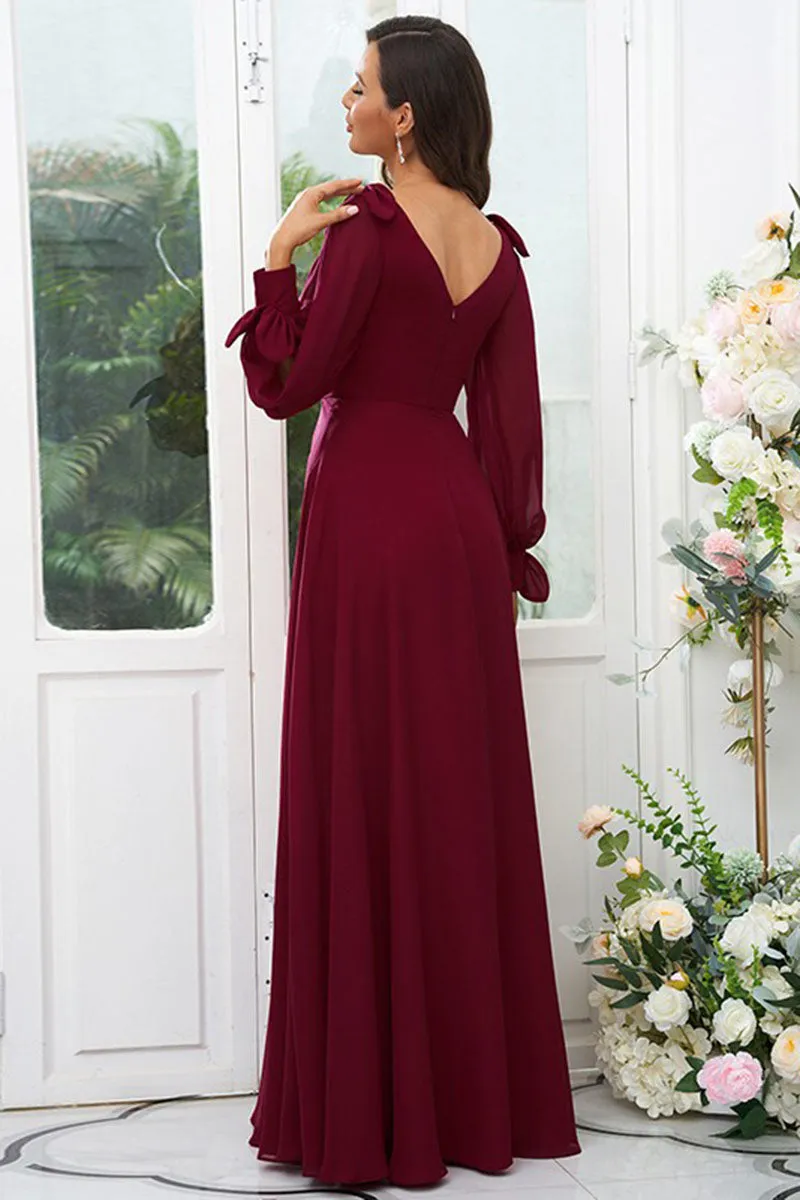 B4062 - V-Neck Long Sleeves Chiffon A-Line Long Bridesmaid Dress With Slit